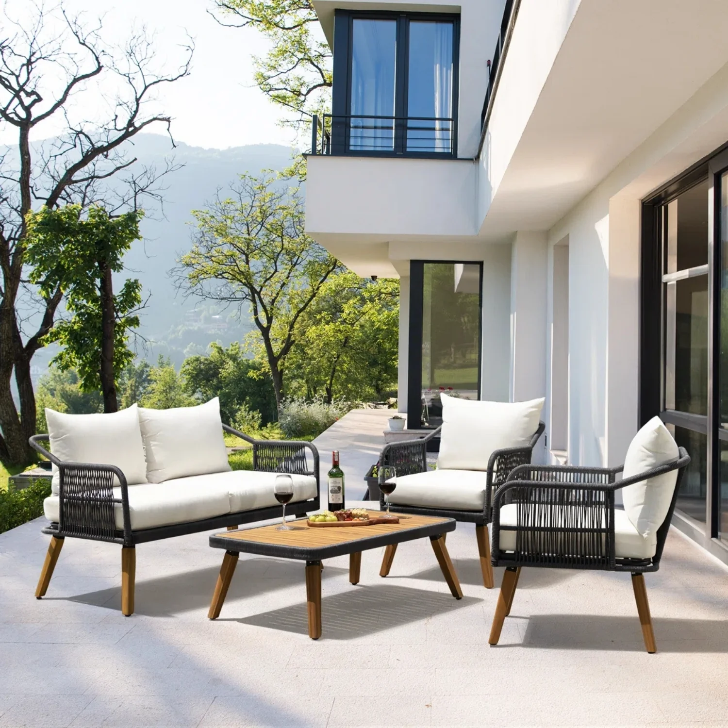 4-Piece Outdoor Rope Patio Furniture Set with Wood-Top Table - Image 15