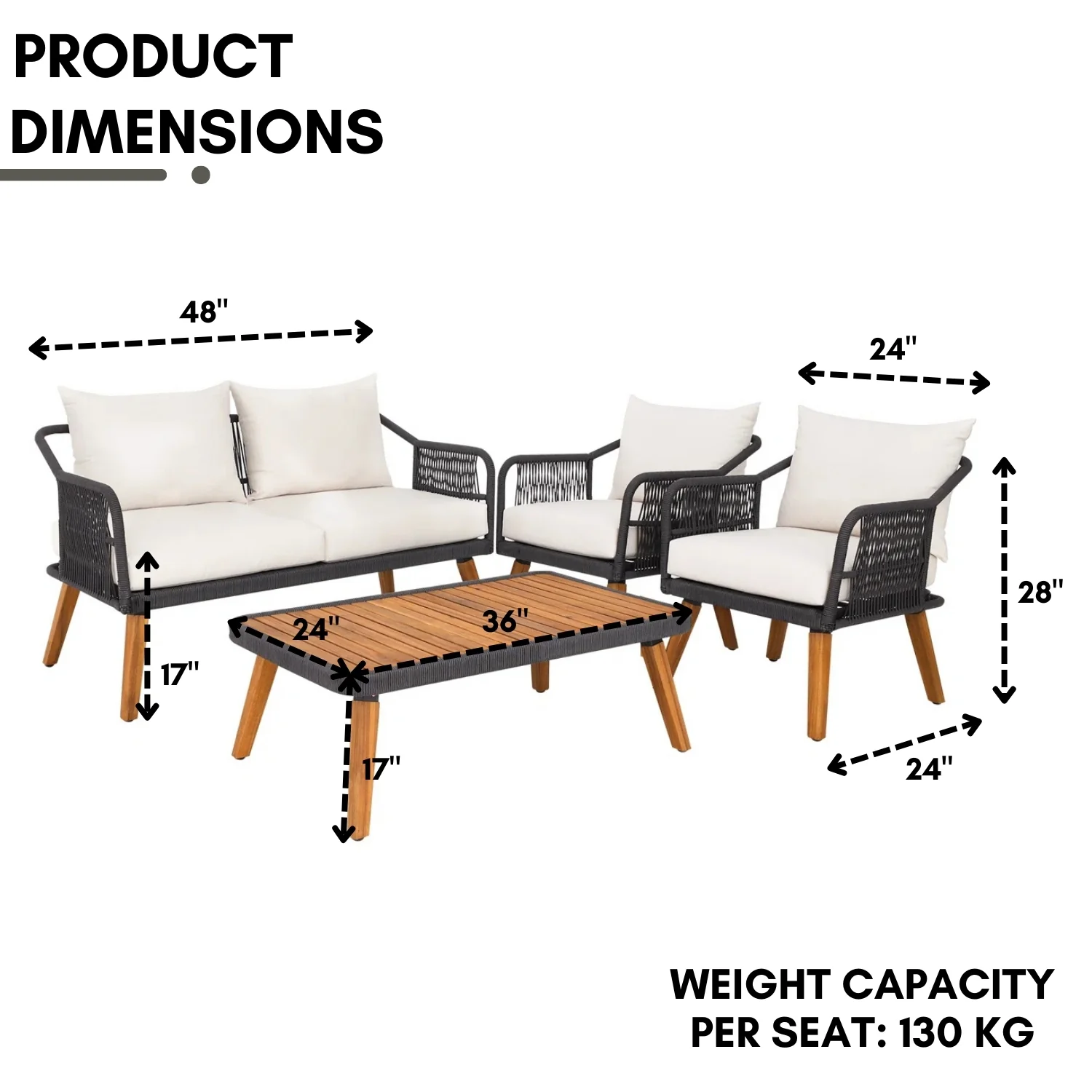4-Piece Outdoor Rope Patio Furniture Set with Wood-Top Table - Image 2