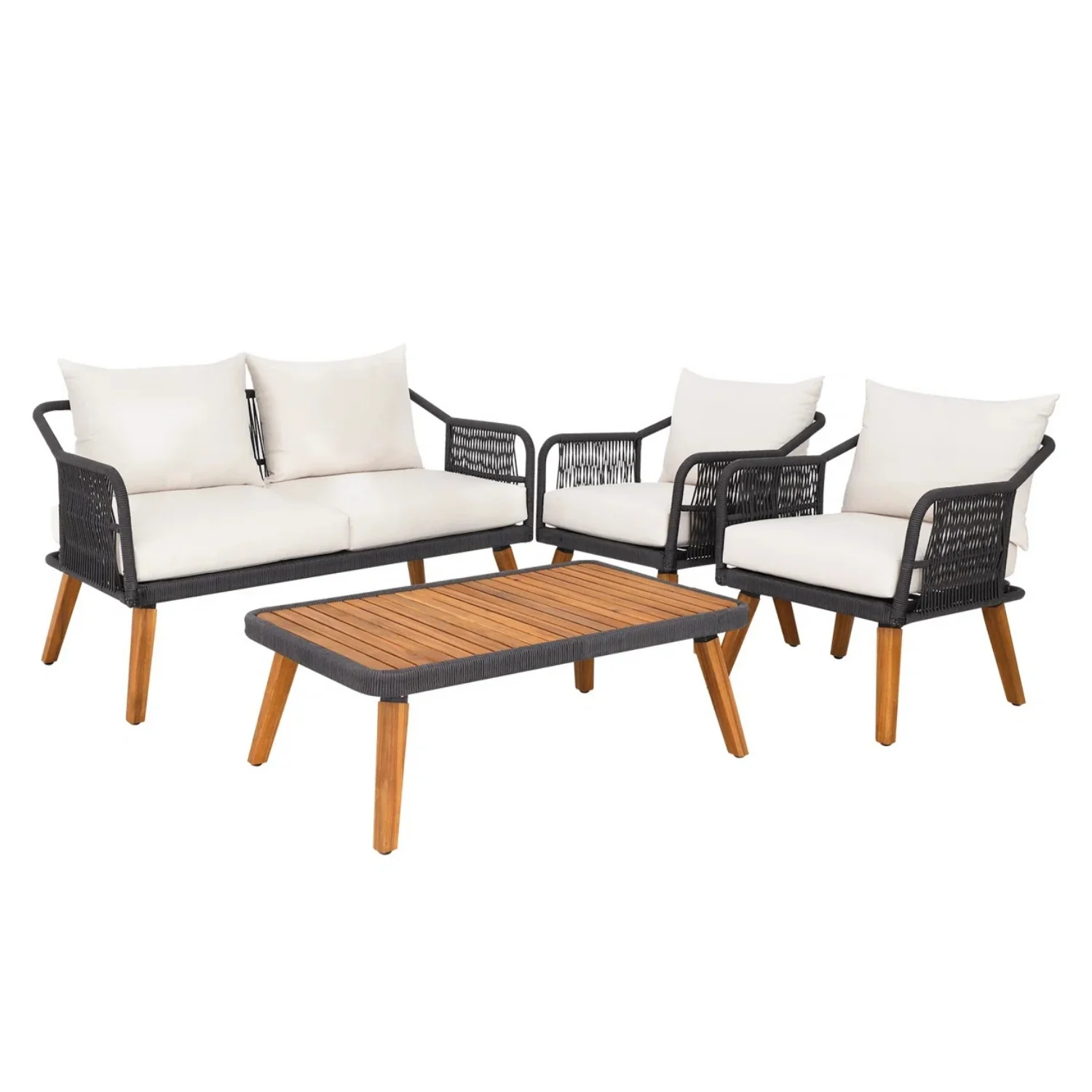 4-Piece Outdoor Rope Patio Furniture Set with Wood-Top Table - Image 4