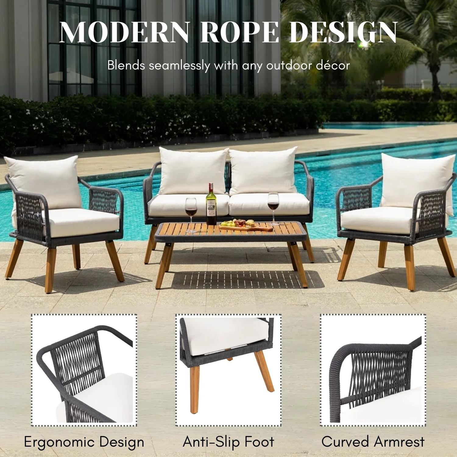 4-Piece Outdoor Rope Patio Furniture Set with Wood-Top Table - Image 5