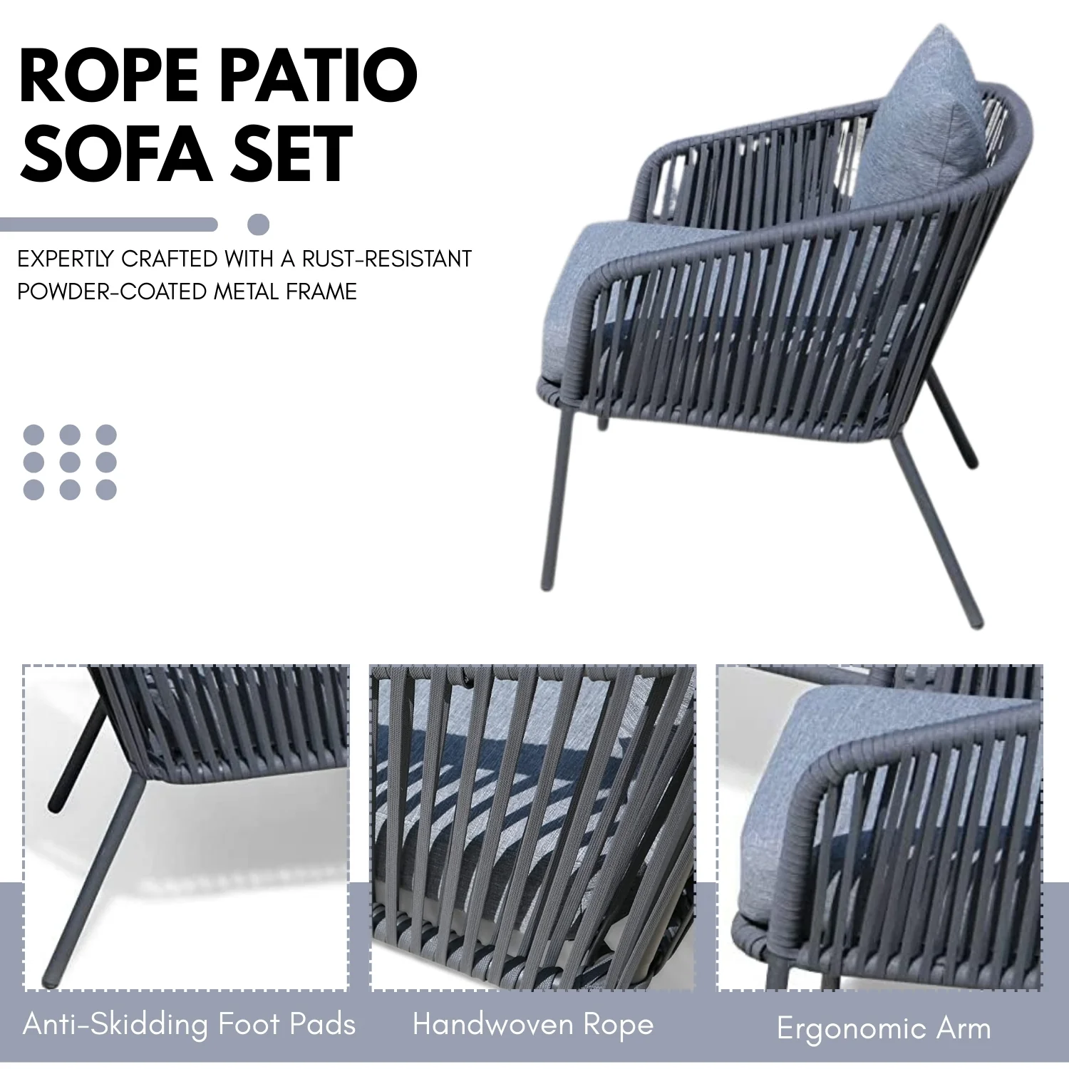 4-Piece Outdoor Rope Patio Sofa Set (Grey) - Image 5