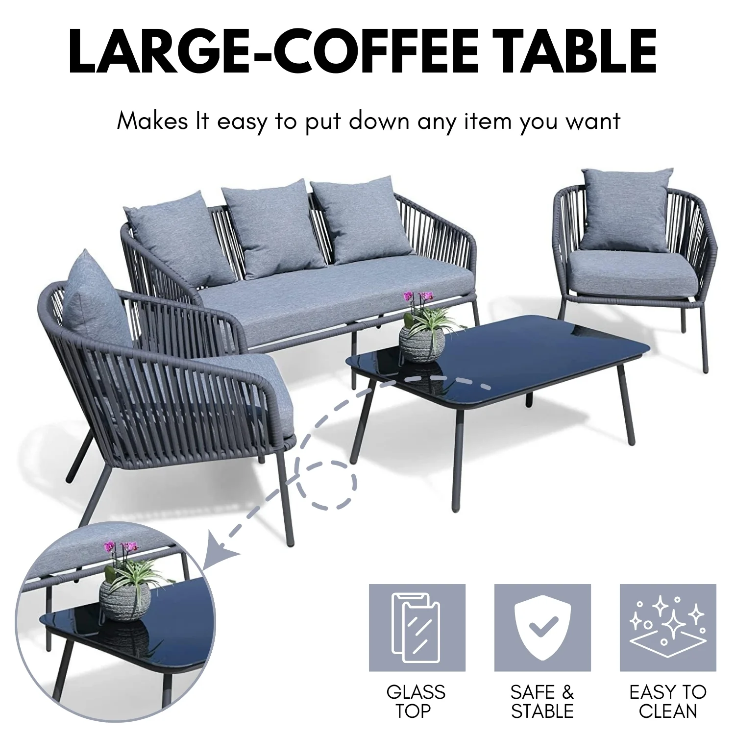 4-Piece Outdoor Rope Patio Sofa Set (Grey) - Image 7