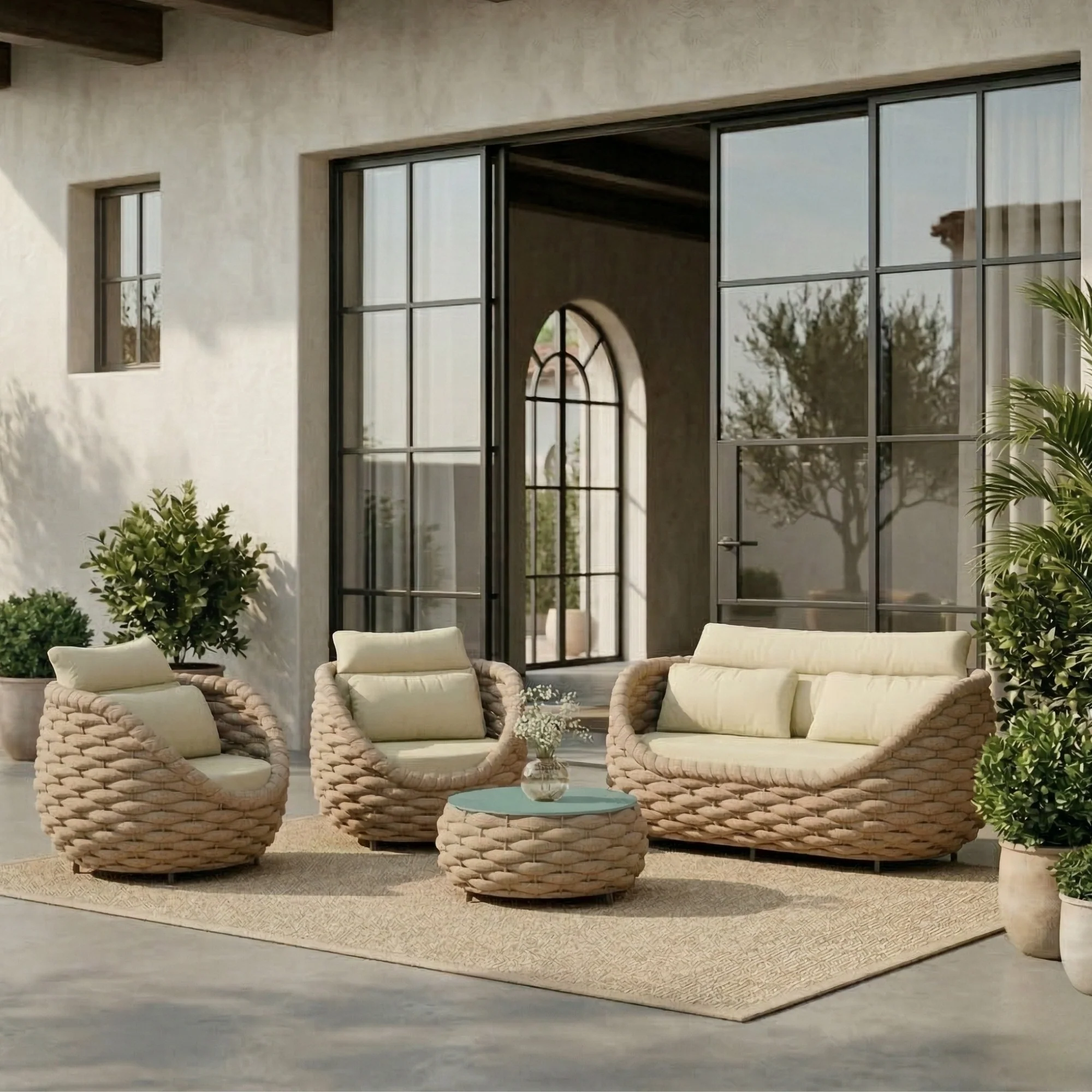 4 Piece Outdoor Rope Sofa Set (Beige & Cream)