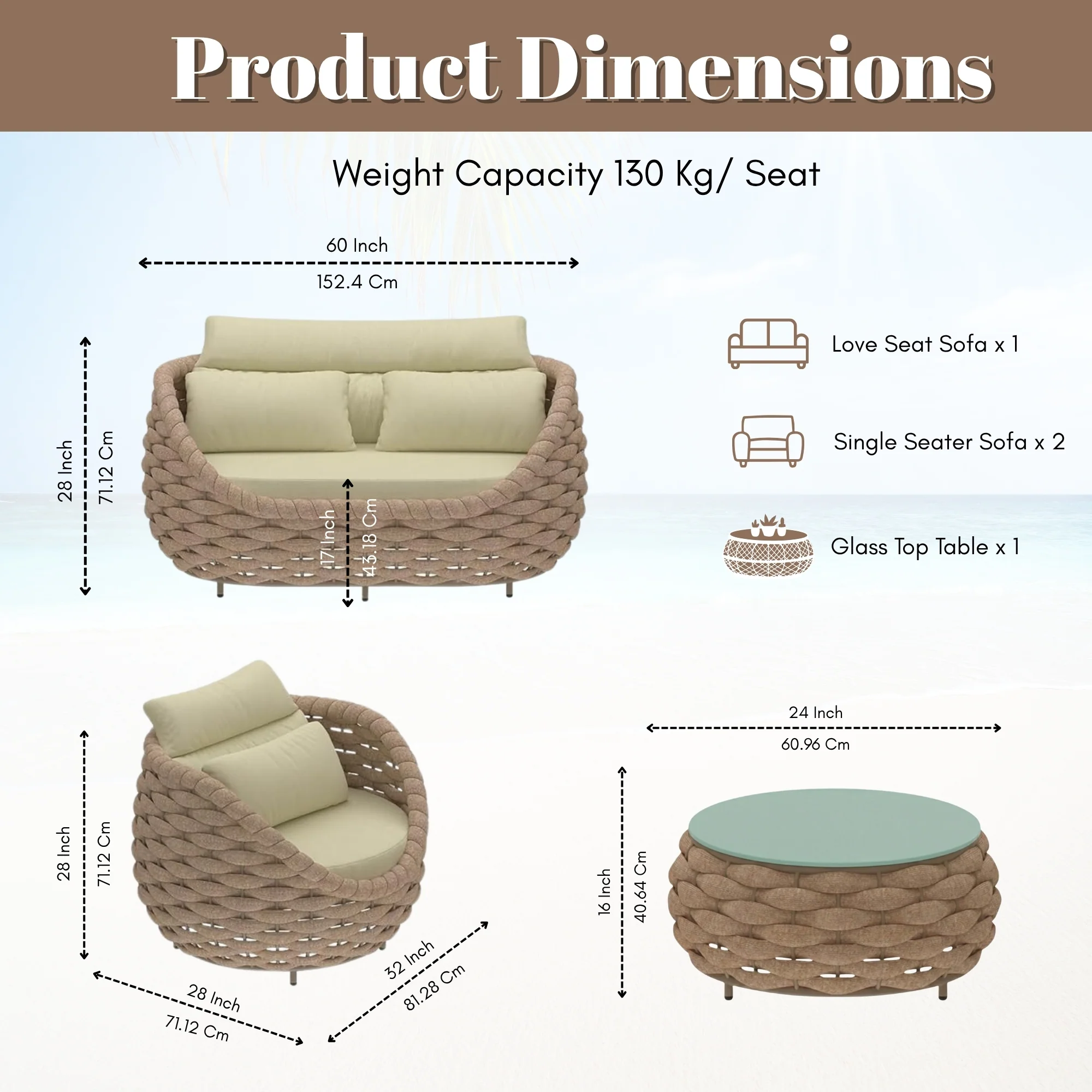4 Piece Outdoor Rope Sofa Set (Beige & Cream) - Image 2