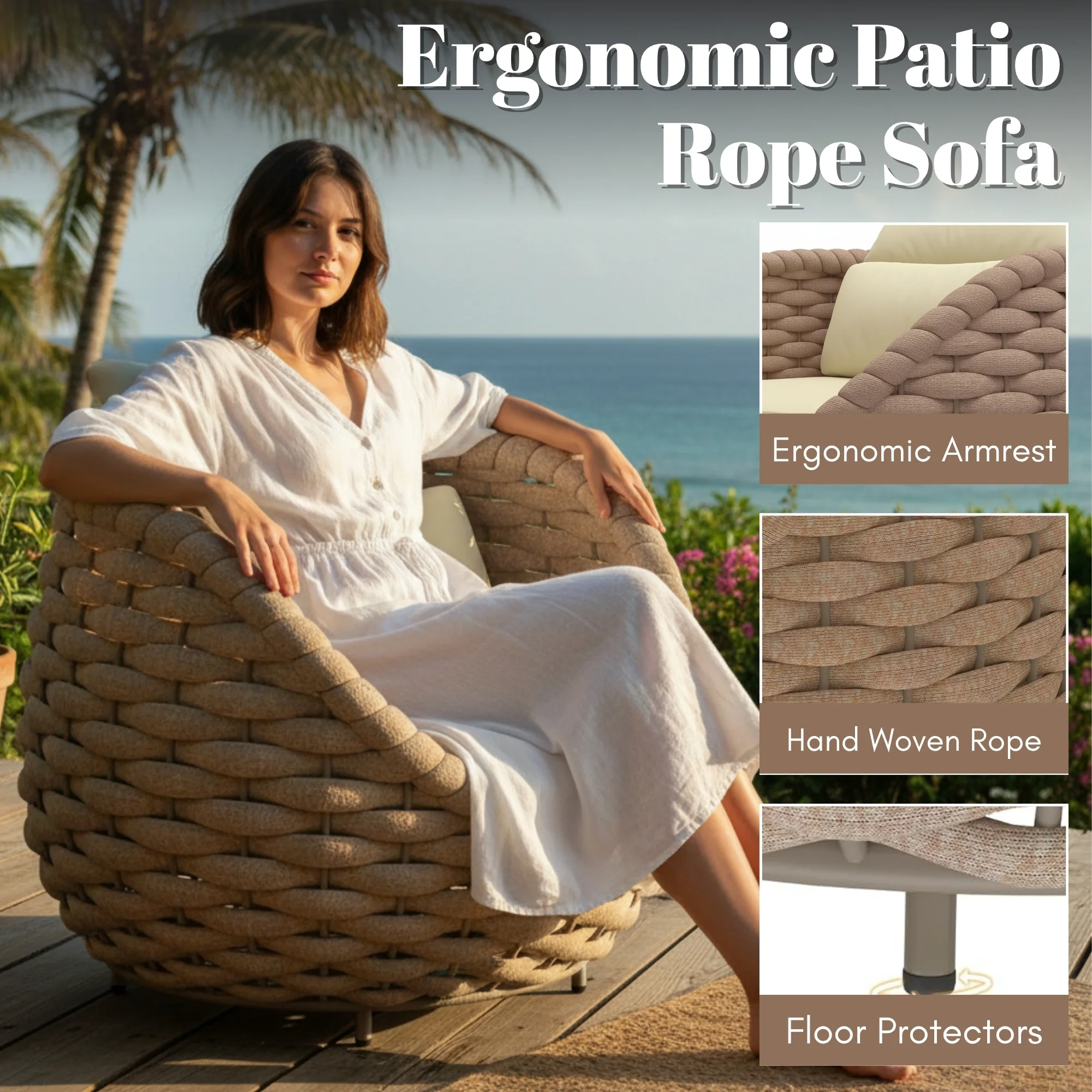 4 Piece Outdoor Rope Sofa Set (Beige & Cream) - Image 5