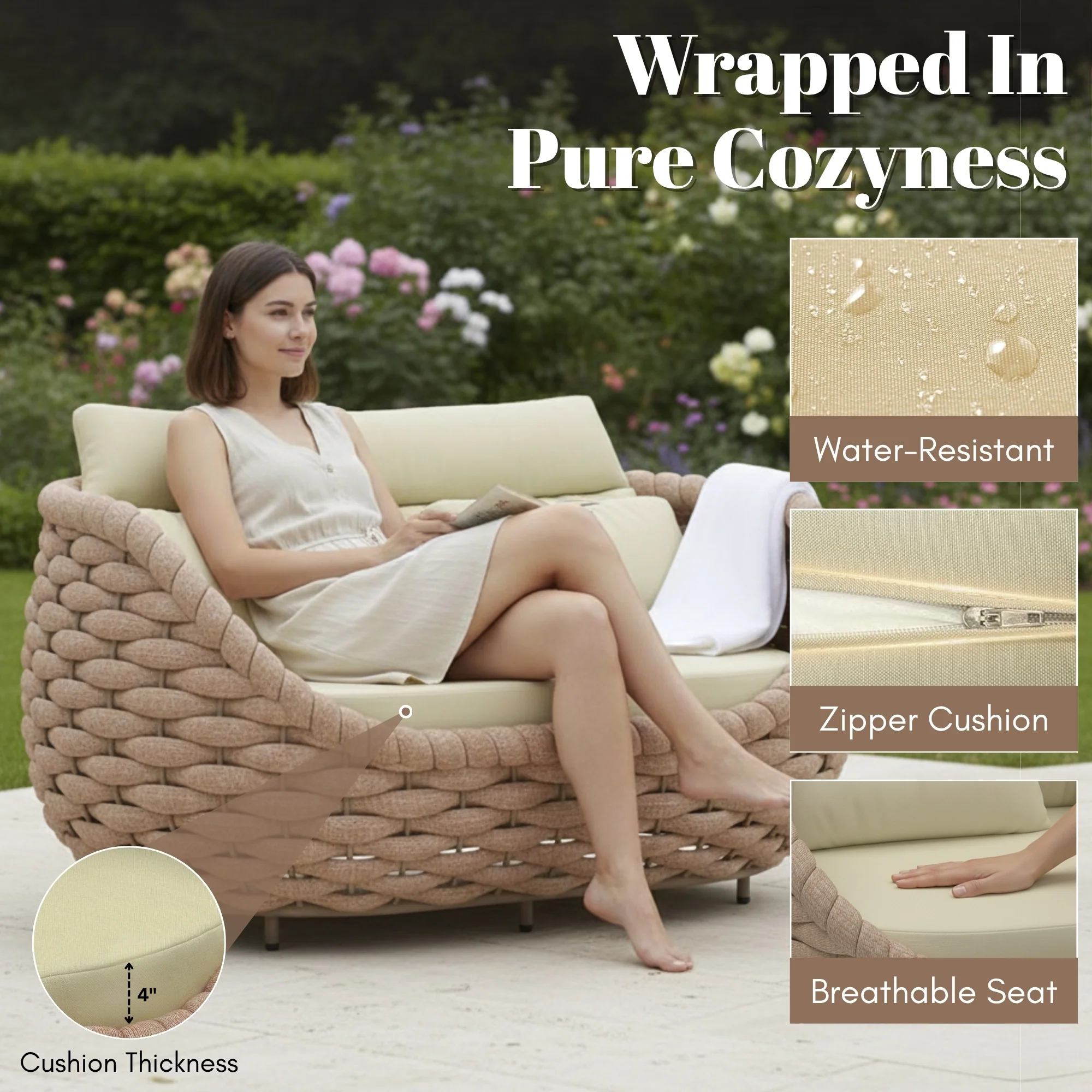 4 Piece Outdoor Rope Sofa Set (Beige & Cream) - Image 7