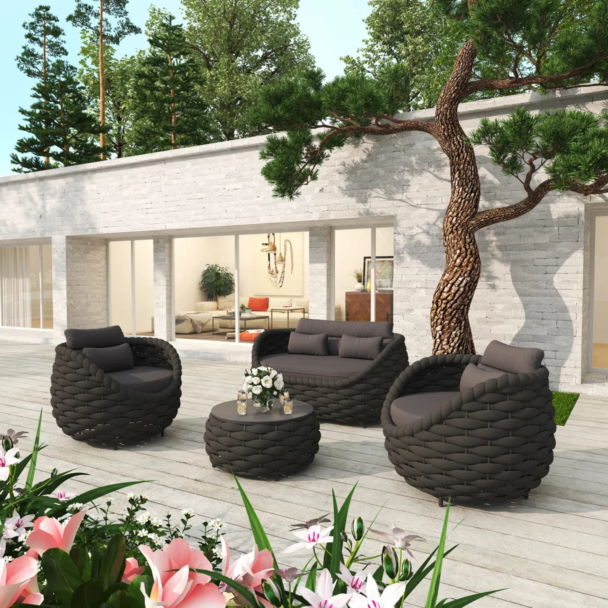 4 Piece Outdoor Rope Sofa Set (Black) - Image 12