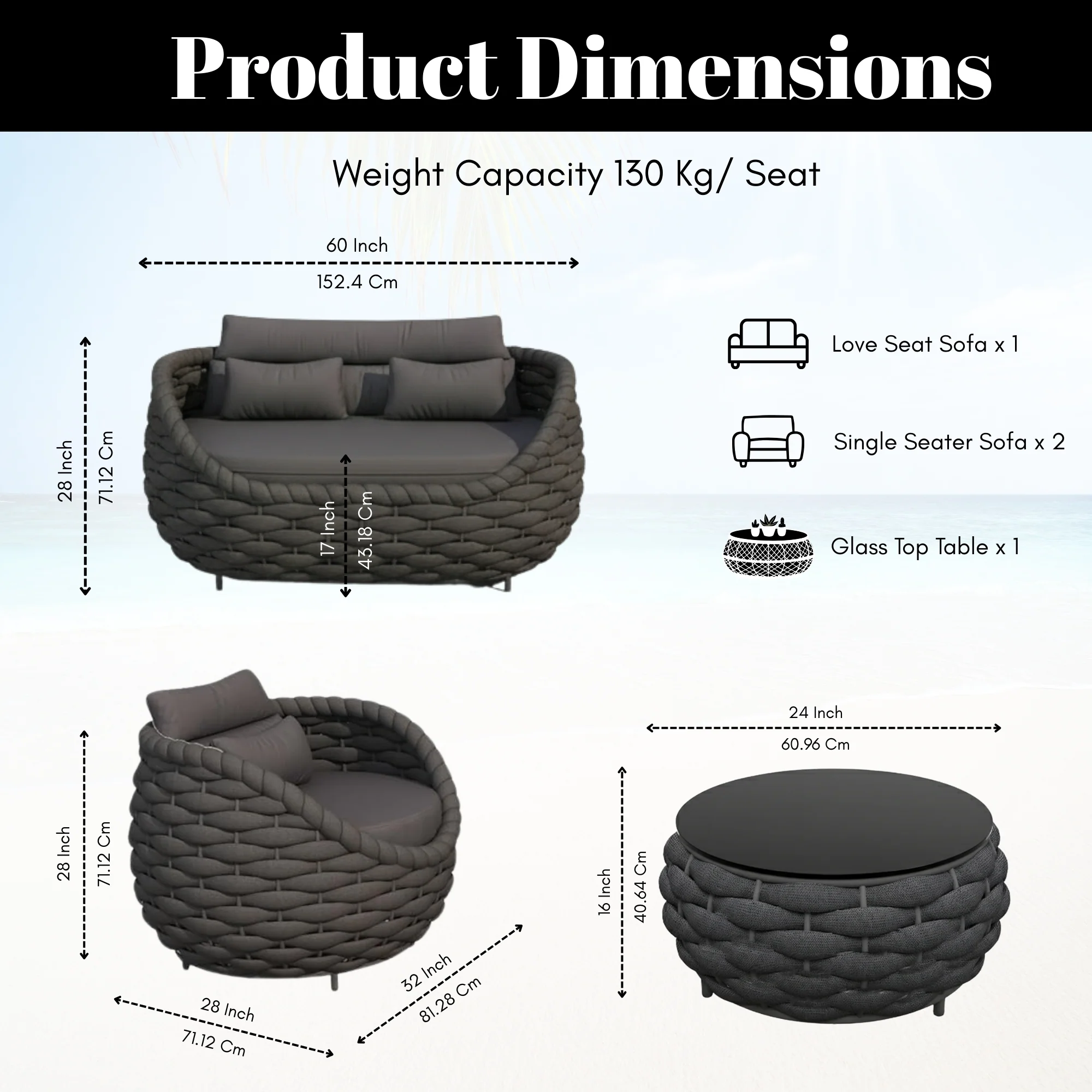 4 Piece Outdoor Rope Sofa Set (Black) - Image 2