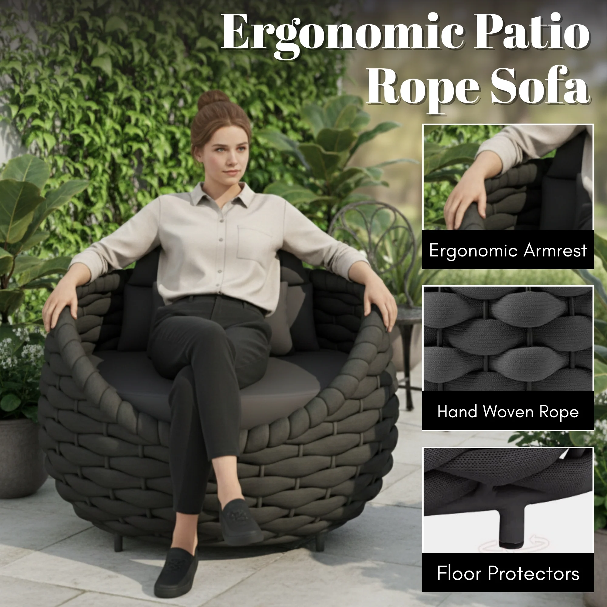4 Piece Outdoor Rope Sofa Set (Black) - Image 5