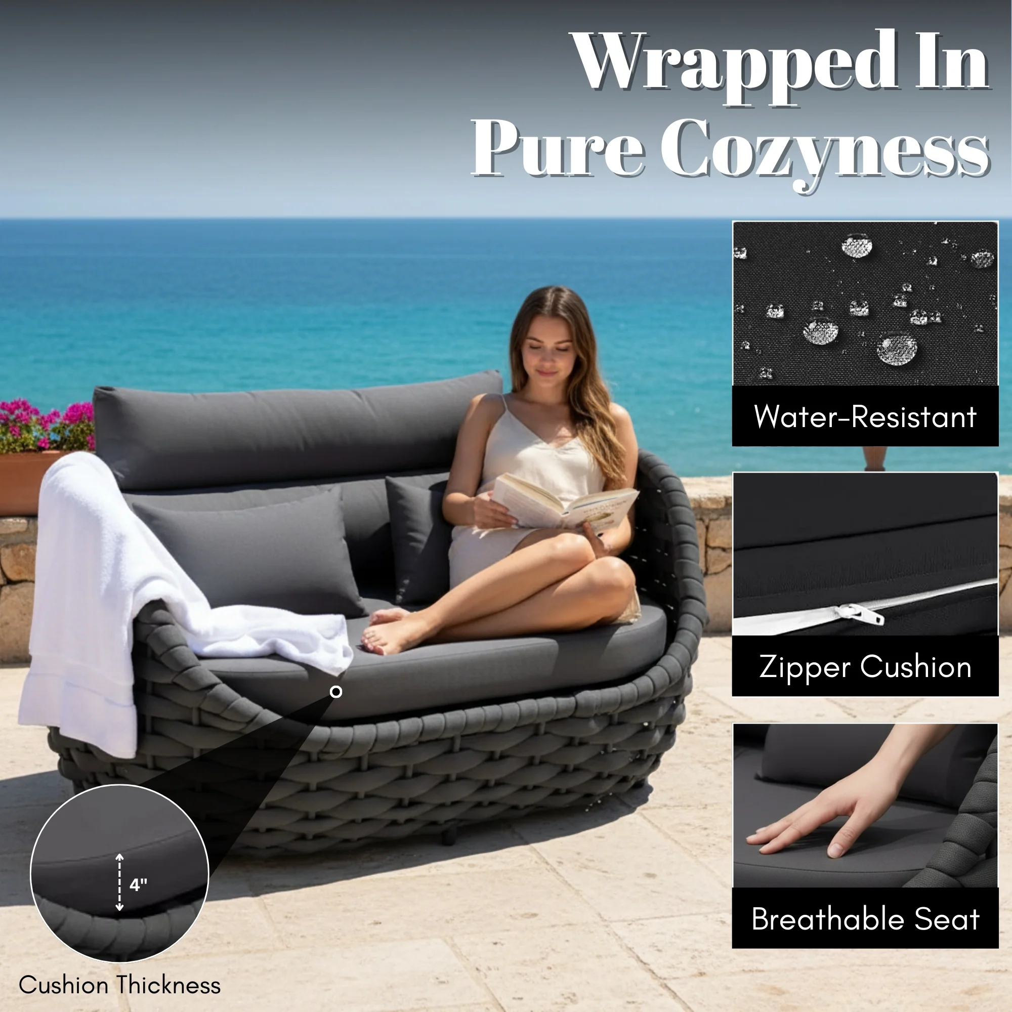4 Piece Outdoor Rope Sofa Set (Black) - Image 7