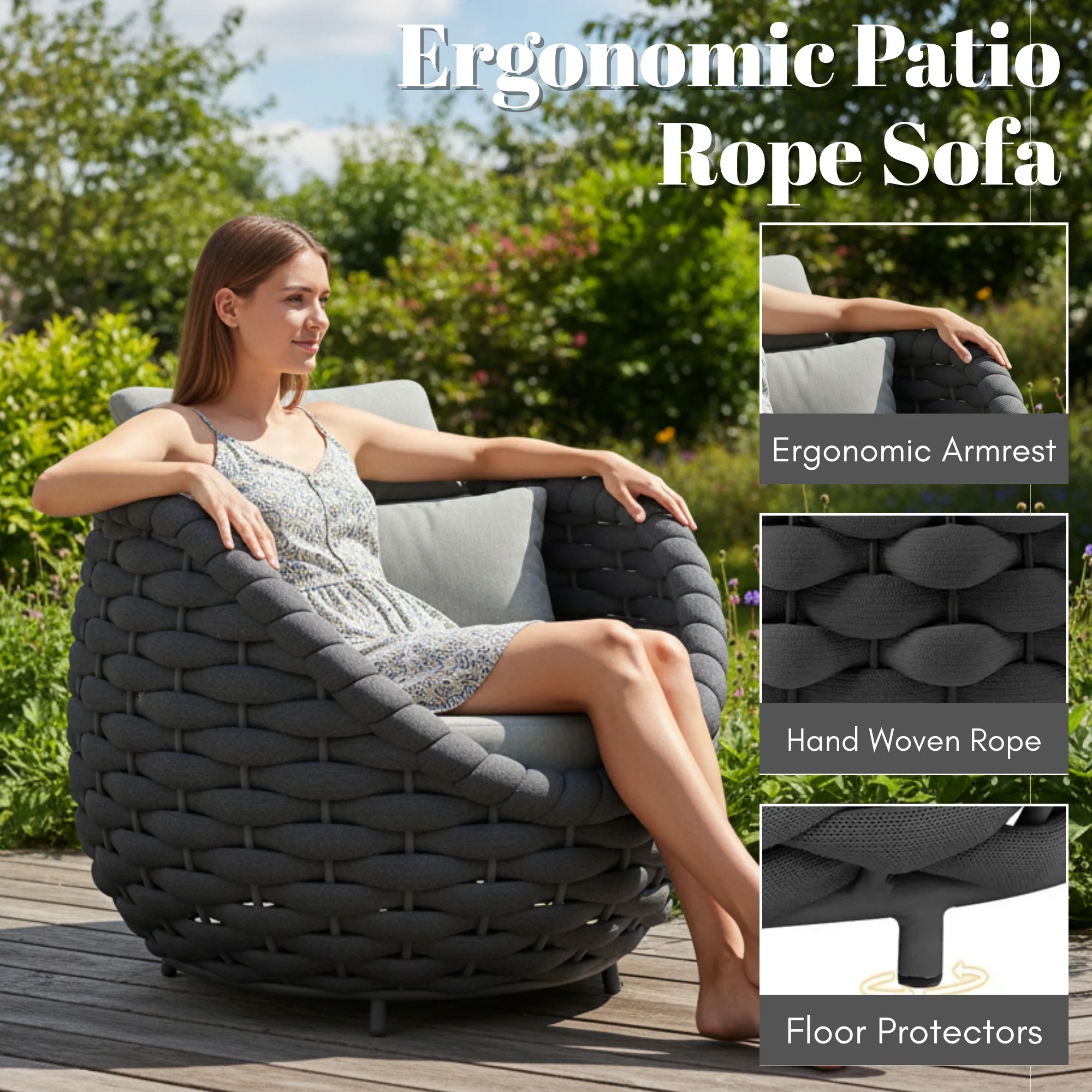4 Piece Outdoor Rope Sofa Set (Grey & Dark Grey) - Image 5
