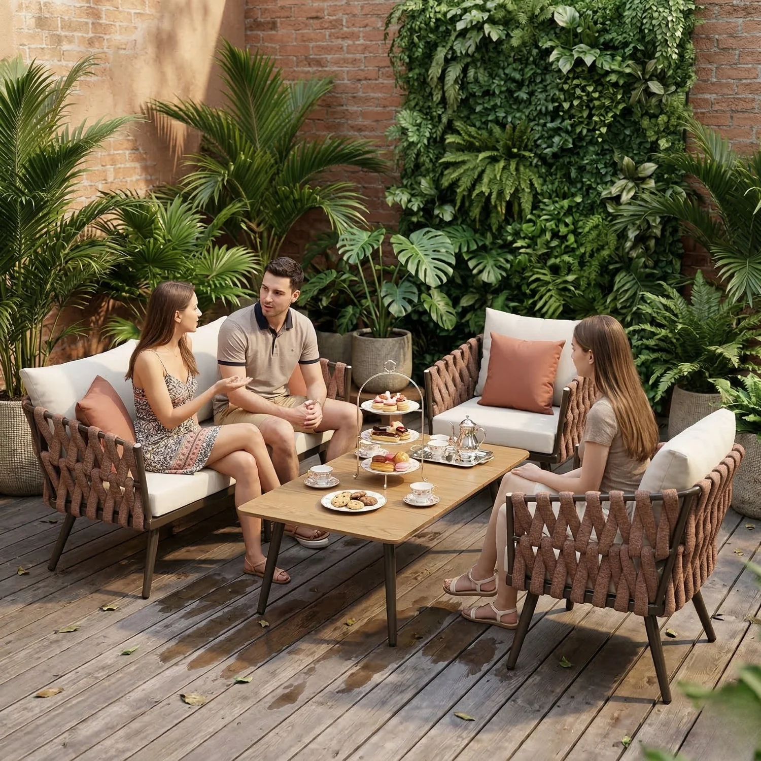 4-Piece Outdoor Rope Sofa Set With Glass Top Table (Brown & Off-White) - Image 11