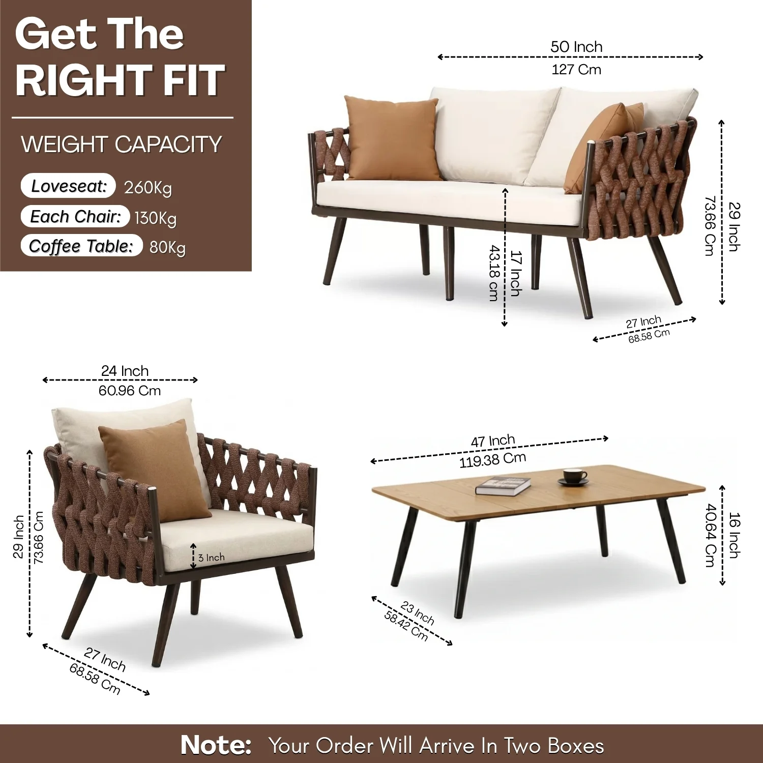 4-Piece Outdoor Rope Sofa Set With Glass Top Table (Brown & Off-White) - Image 2