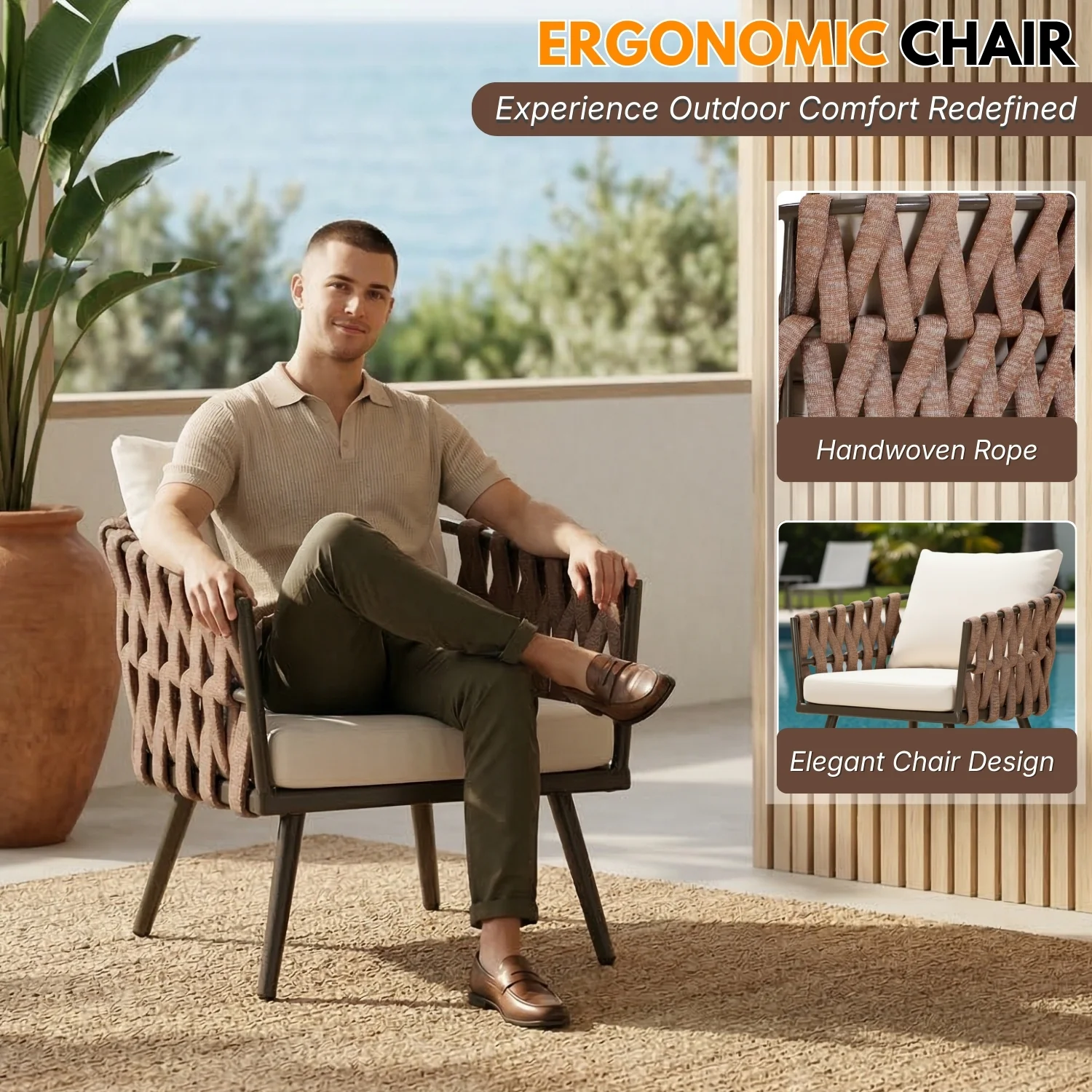 4-Piece Outdoor Rope Sofa Set With Glass Top Table (Brown & Off-White) - Image 4