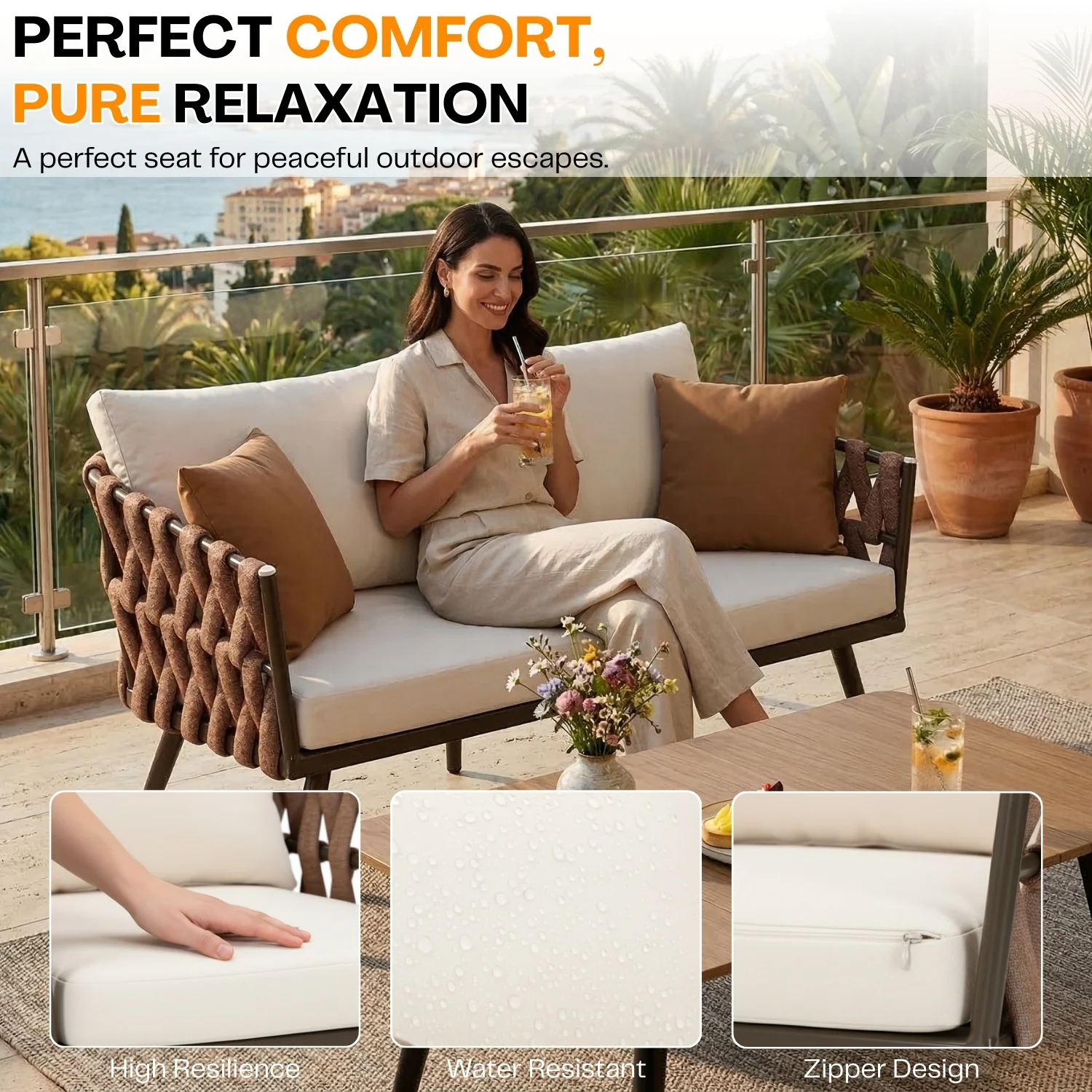 4-Piece Outdoor Rope Sofa Set With Glass Top Table (Brown & Off-White) - Image 5