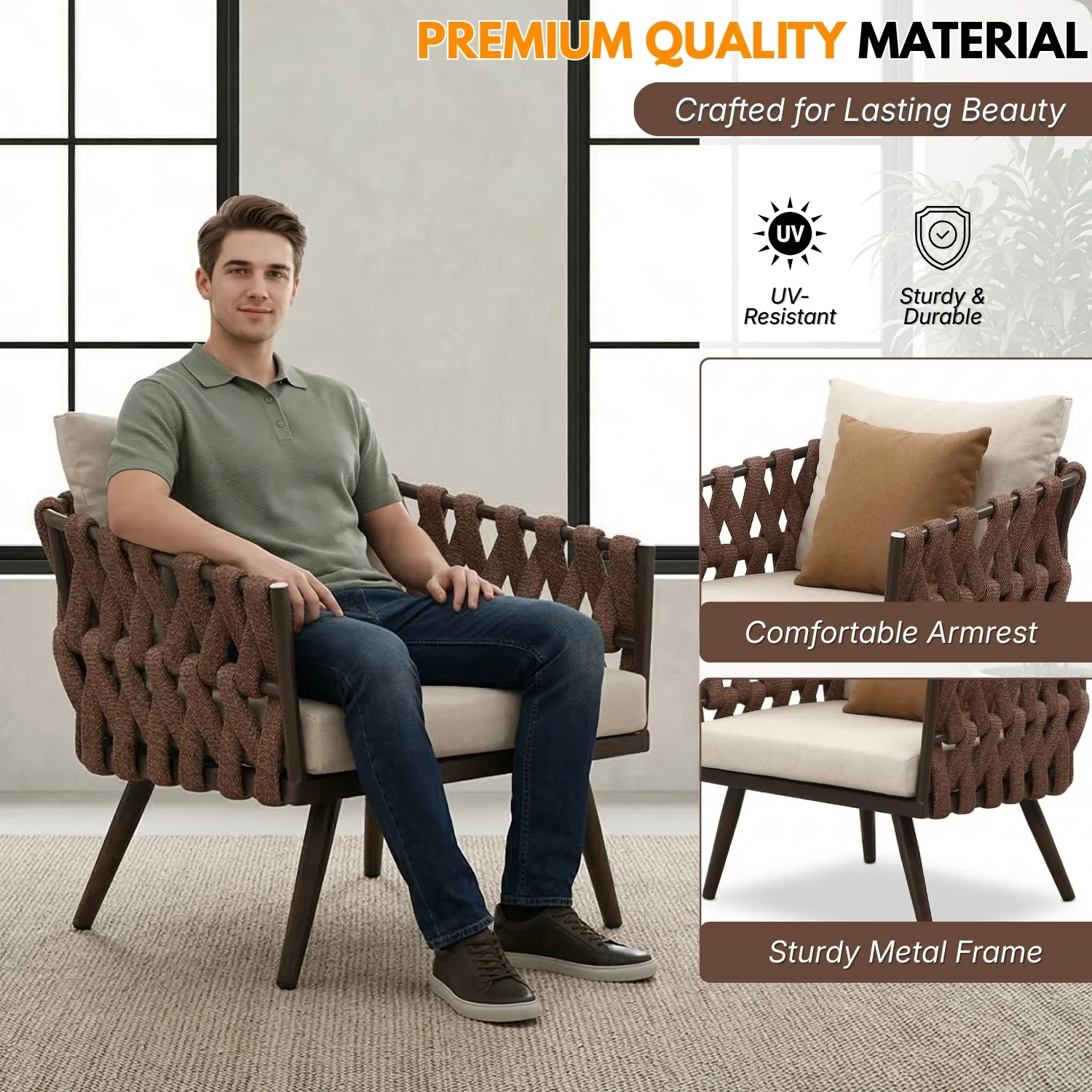 4-Piece Outdoor Rope Sofa Set With Glass Top Table (Brown & Off-White) - Image 6