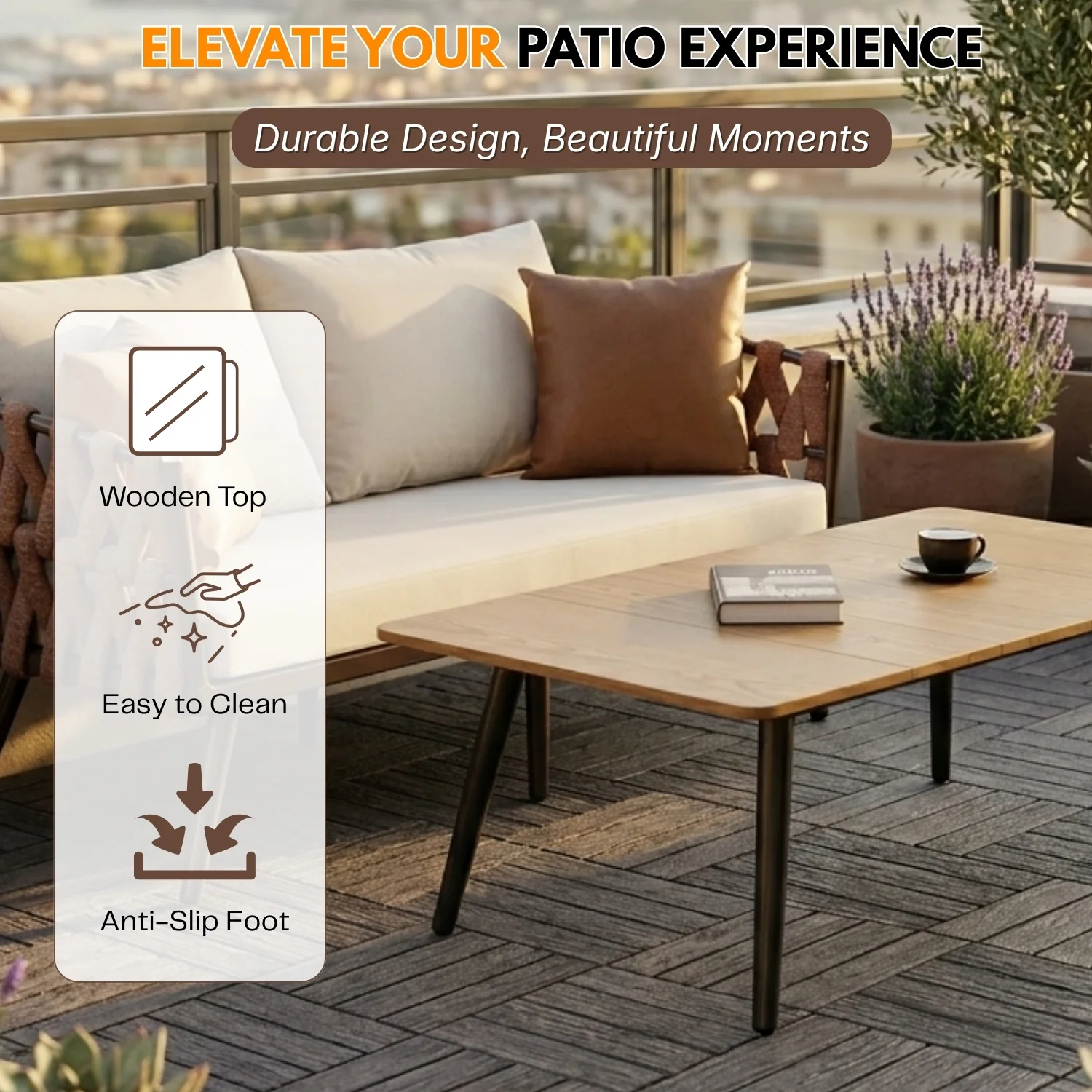 4-Piece Outdoor Rope Sofa Set With Glass Top Table (Brown & Off-White) - Image 7