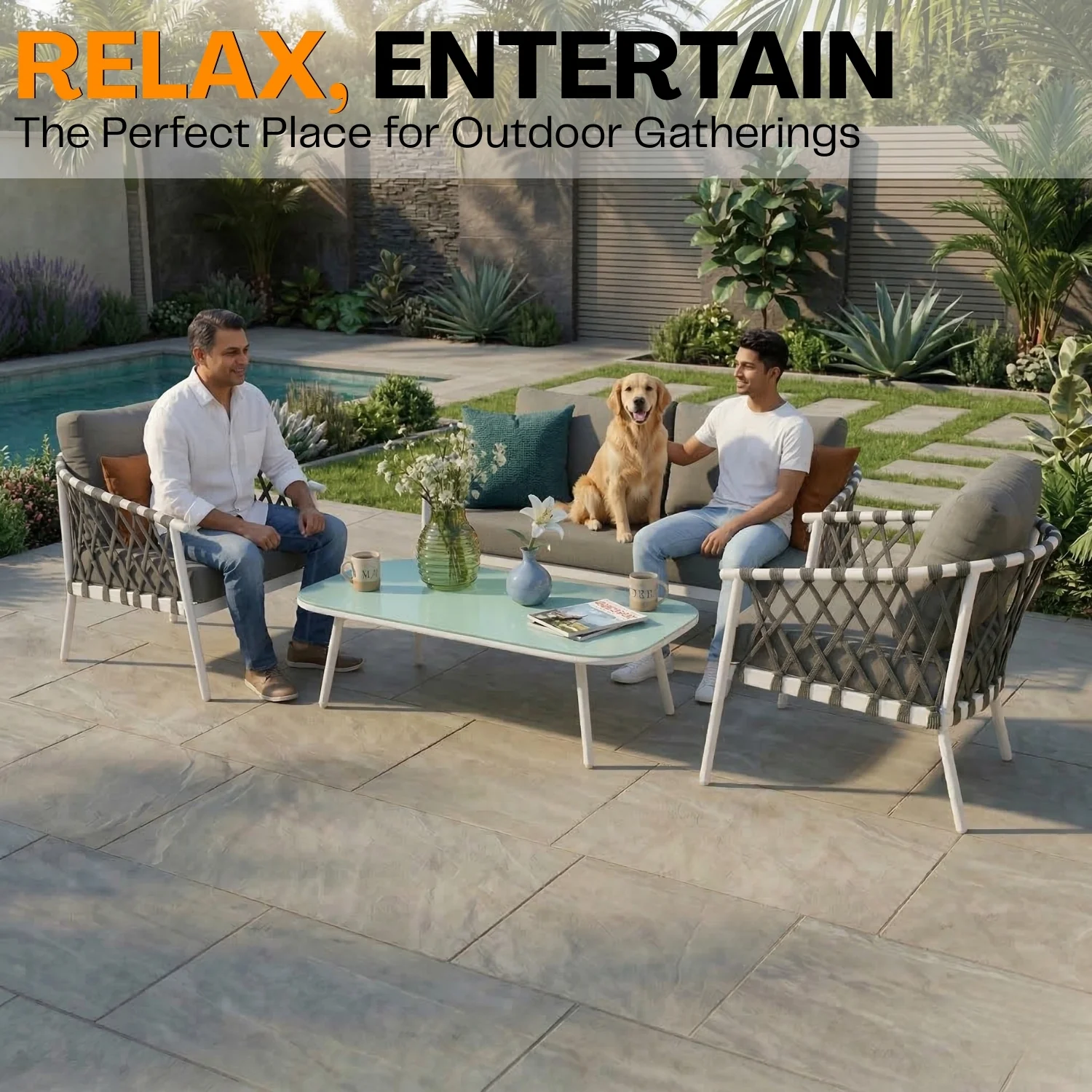 4-Piece Outdoor Rope Sofa Set With Glass Top Table (Grey) - Image 11