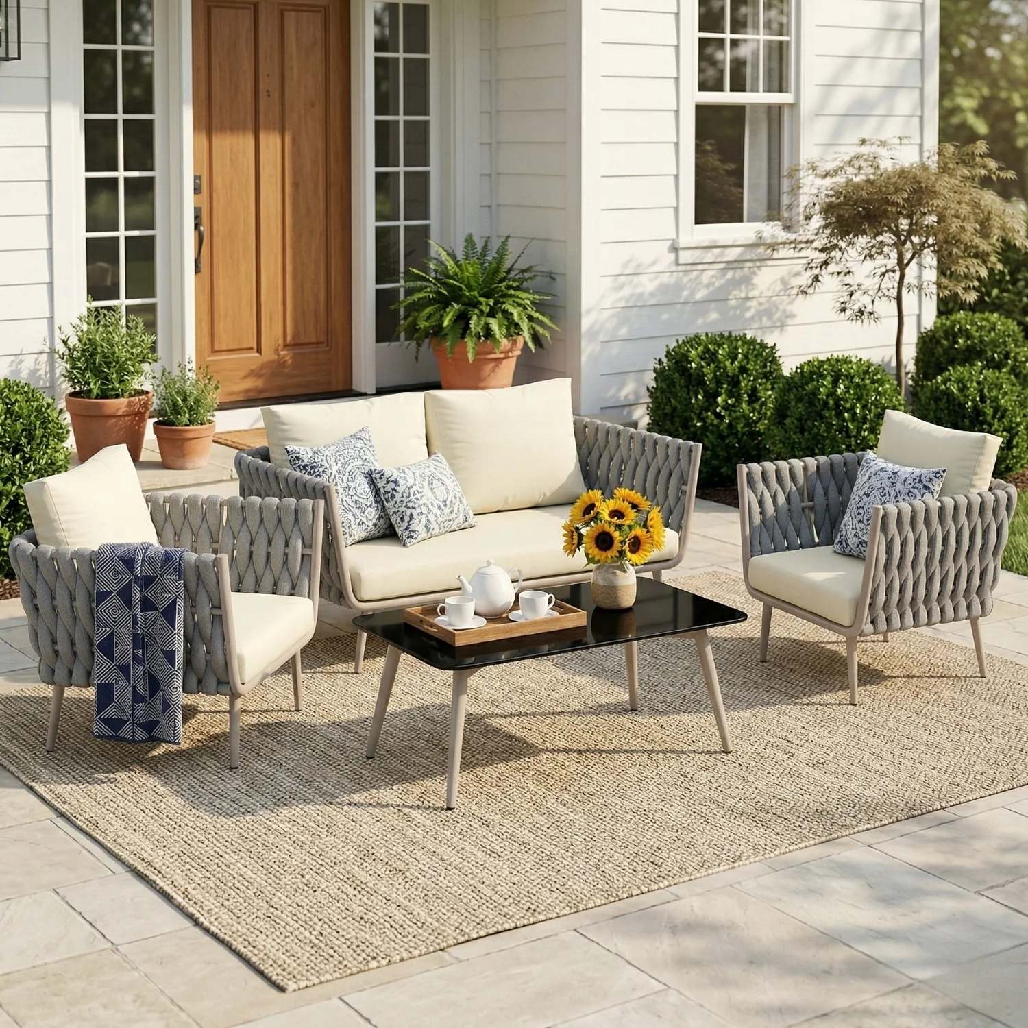 4-Piece Outdoor Rope Sofa Set With Glass Top Table (Grey & Cream)