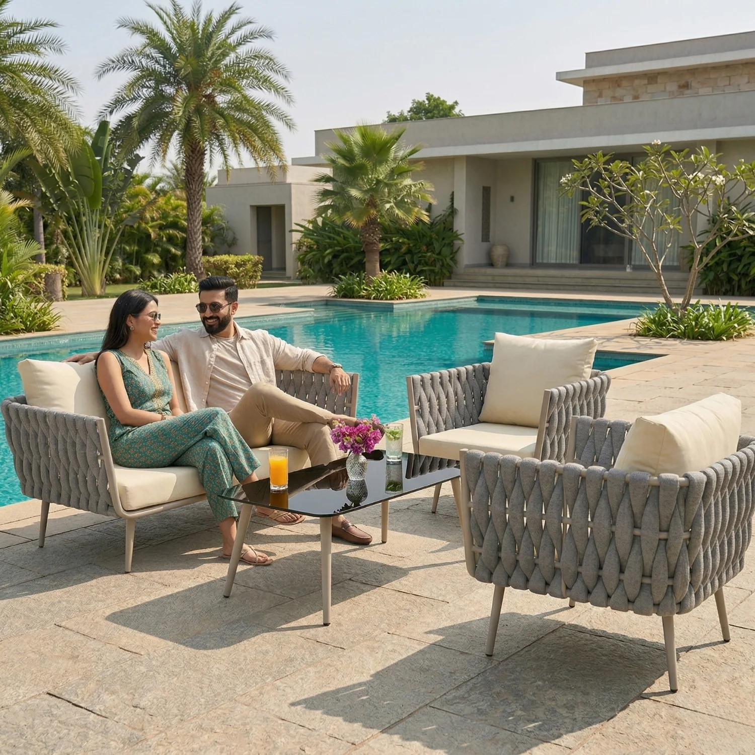4-Piece Outdoor Rope Sofa Set With Glass Top Table (Grey & Cream) - Image 11
