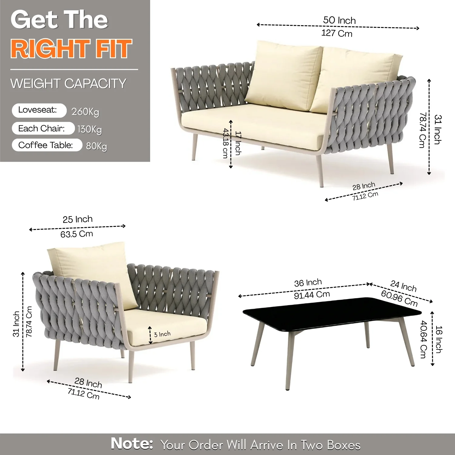 4-Piece Outdoor Rope Sofa Set With Glass Top Table (Grey & Cream) - Image 2