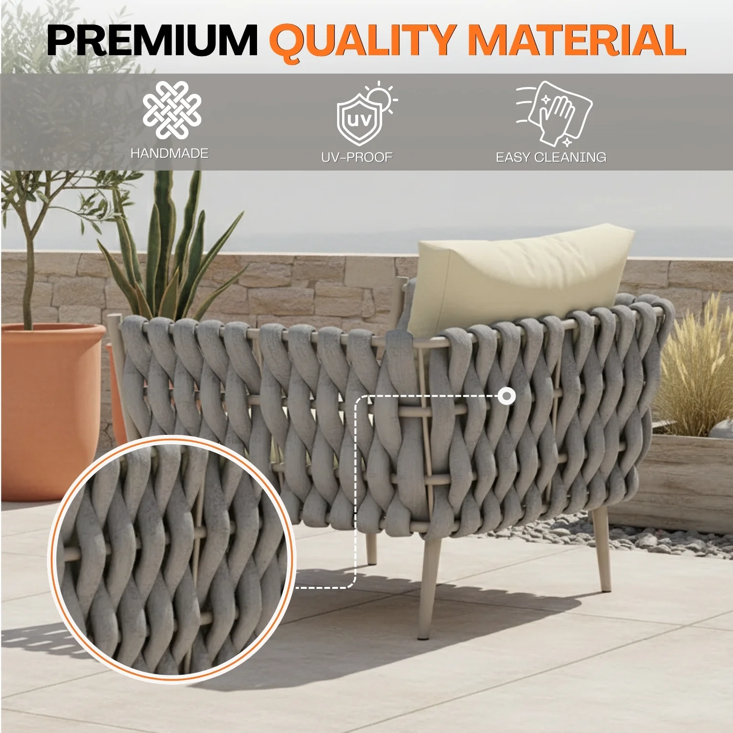 4-Piece Outdoor Rope Sofa Set With Glass Top Table (Grey & Cream) - Image 4