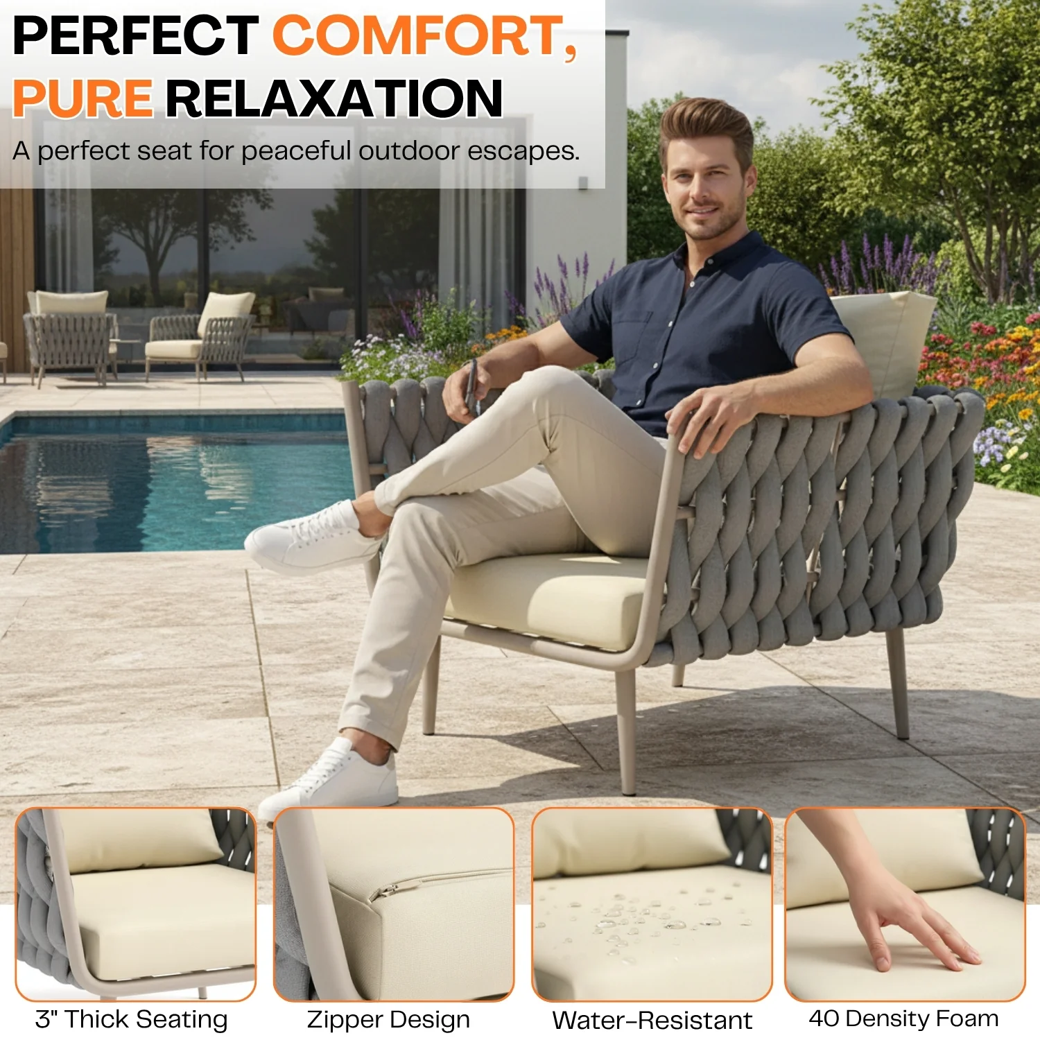 4-Piece Outdoor Rope Sofa Set With Glass Top Table (Grey & Cream) - Image 5