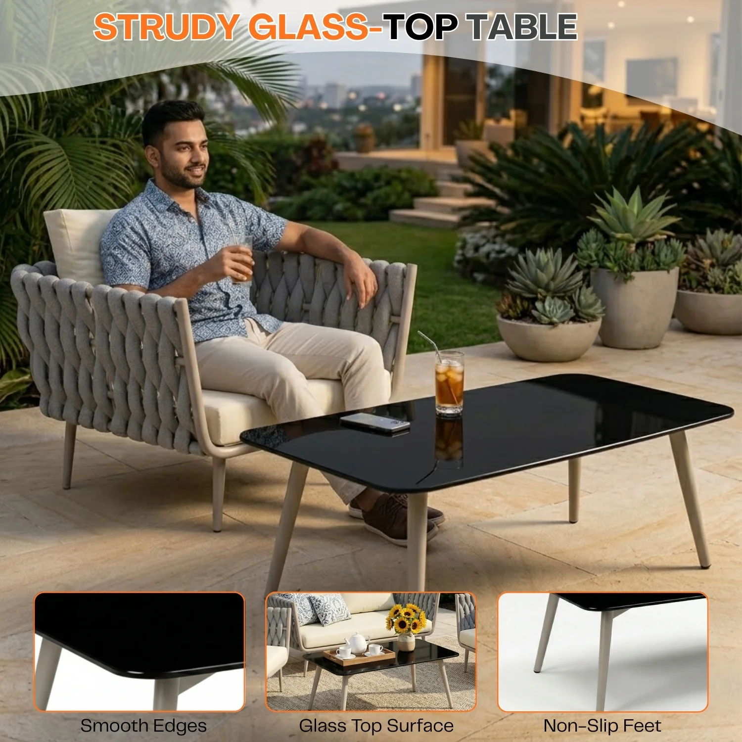 4-Piece Outdoor Rope Sofa Set With Glass Top Table (Grey & Cream) - Image 7