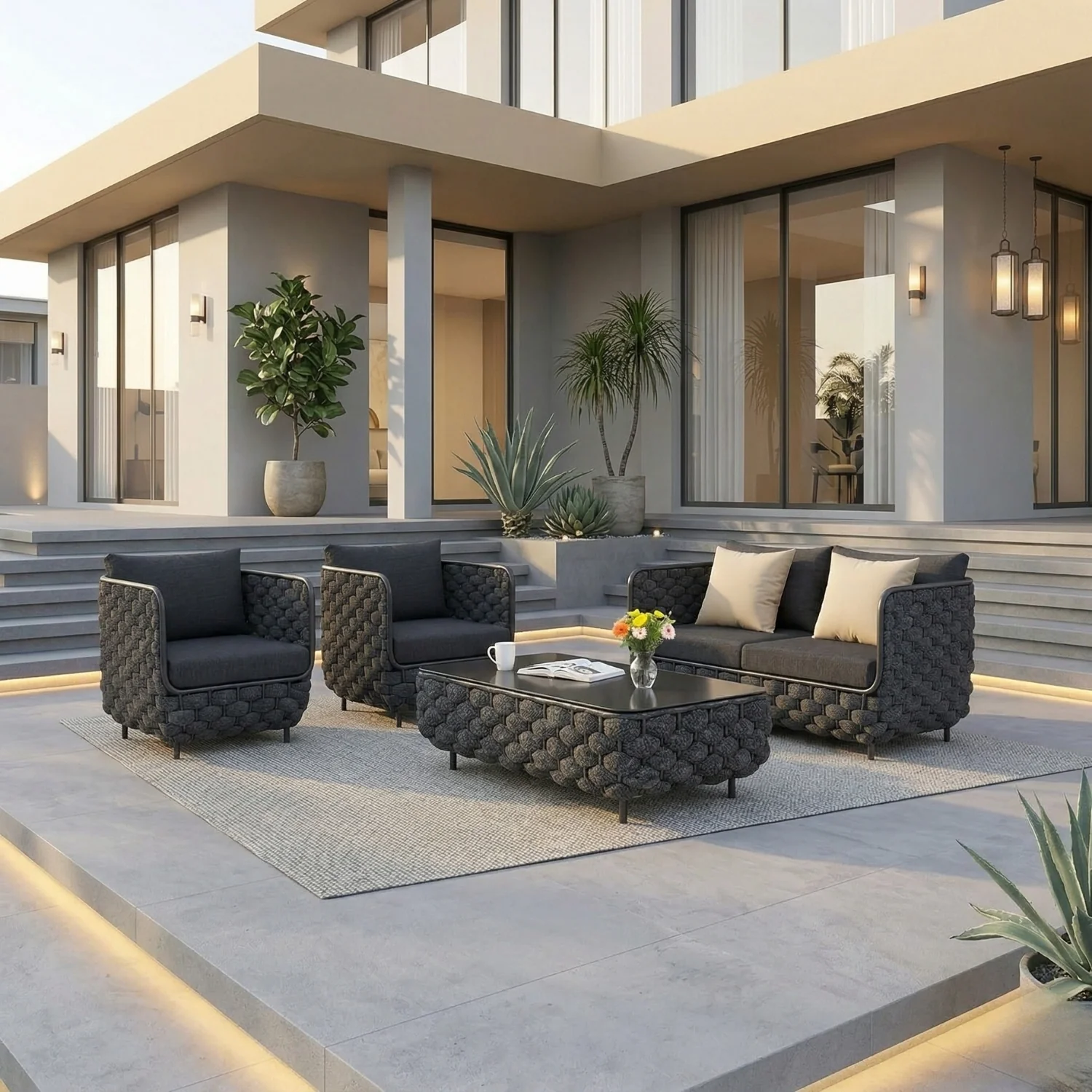 4 Piece Outdoor Rope Sofa Set with Glass Top Coffee Table (Black)