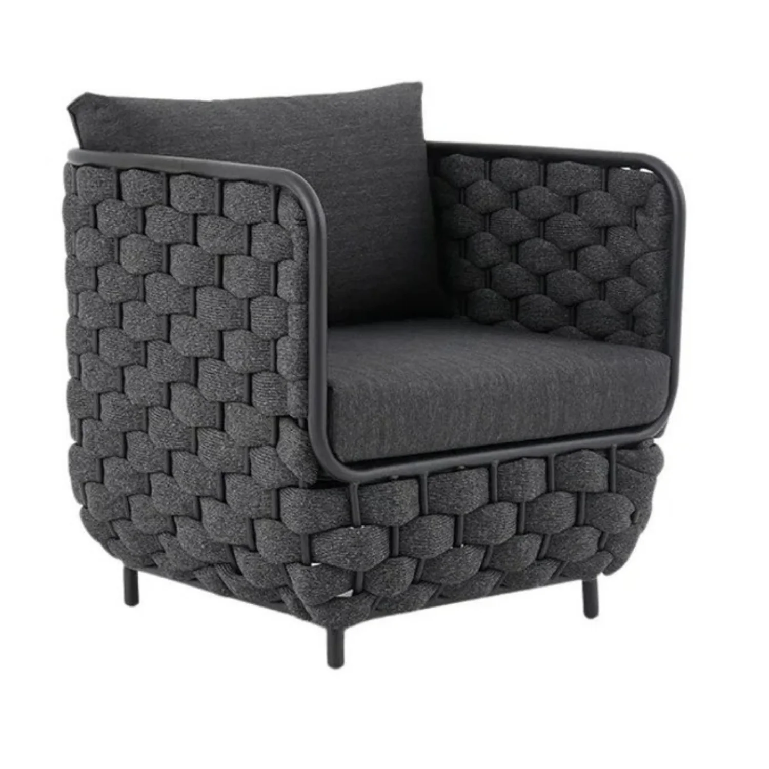 4 Piece Outdoor Rope Sofa Set with Glass Top Coffee Table (Black) - Image 10