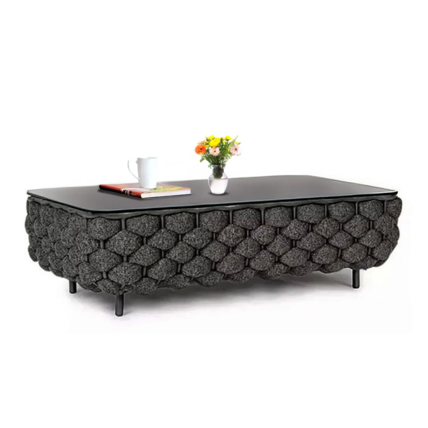 4 Piece Outdoor Rope Sofa Set with Glass Top Coffee Table (Black) - Image 11