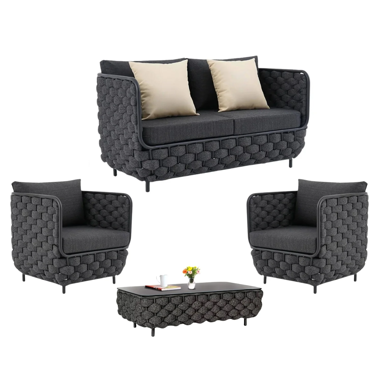 4 Piece Outdoor Rope Sofa Set with Glass Top Coffee Table (Black) - Image 12