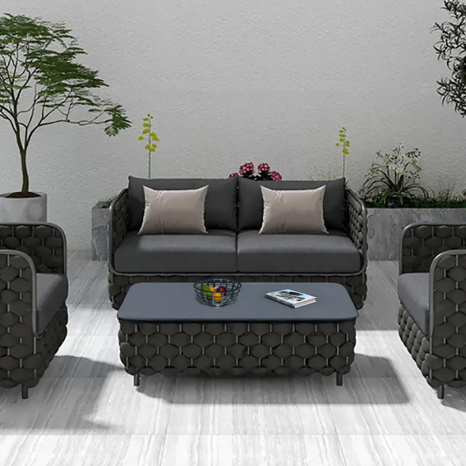4 Piece Outdoor Rope Sofa Set with Glass Top Coffee Table (Black) - Image 13