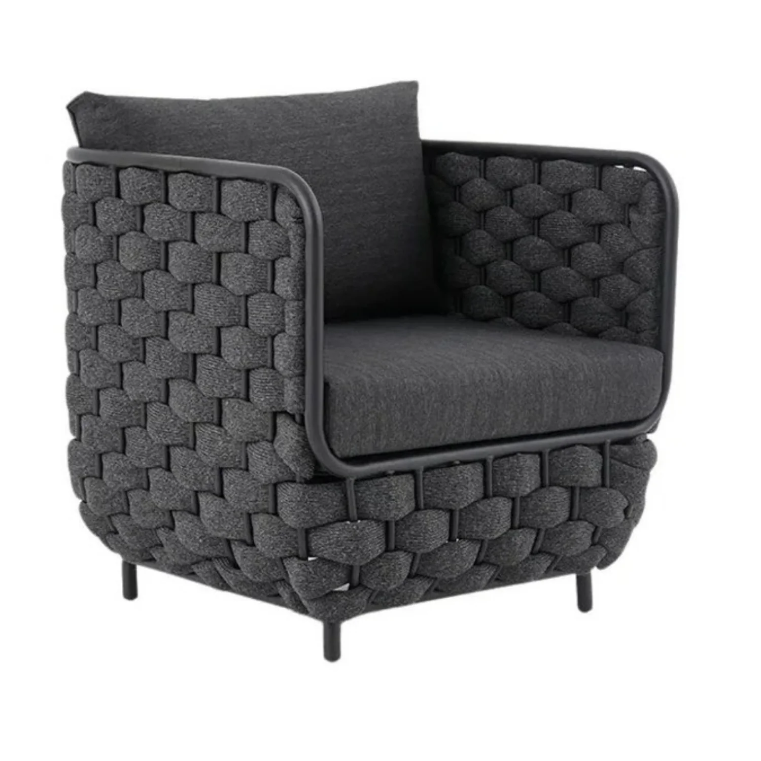 4 Piece Outdoor Rope Sofa Set with Glass Top Coffee Table (Black) - Image 4