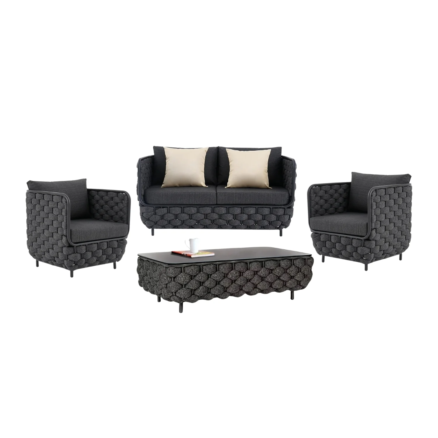 4 Piece Outdoor Rope Sofa Set with Glass Top Coffee Table (Black) - Image 5
