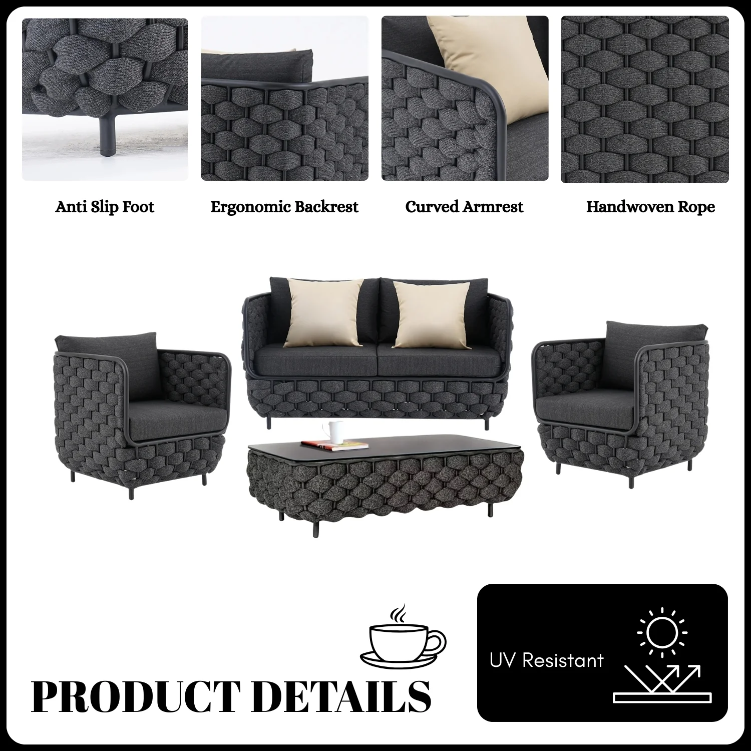 4 Piece Outdoor Rope Sofa Set with Glass Top Coffee Table (Black) - Image 6