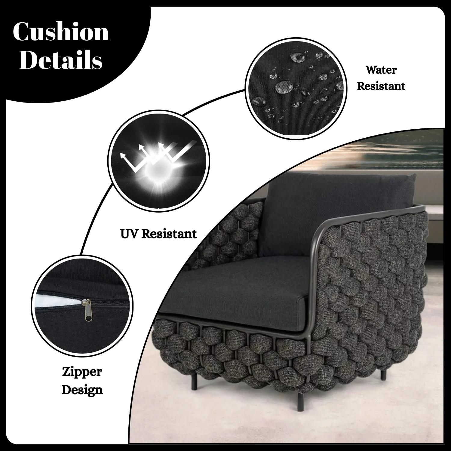 4 Piece Outdoor Rope Sofa Set with Glass Top Coffee Table (Black) - Image 7