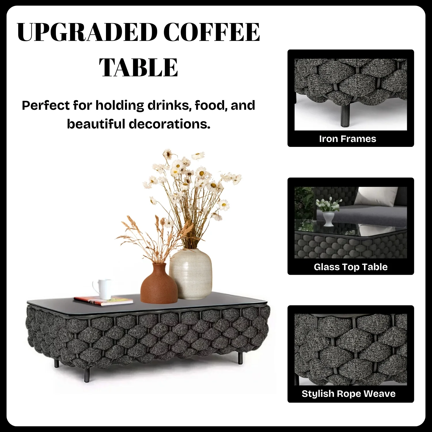 4 Piece Outdoor Rope Sofa Set with Glass Top Coffee Table (Black) - Image 8