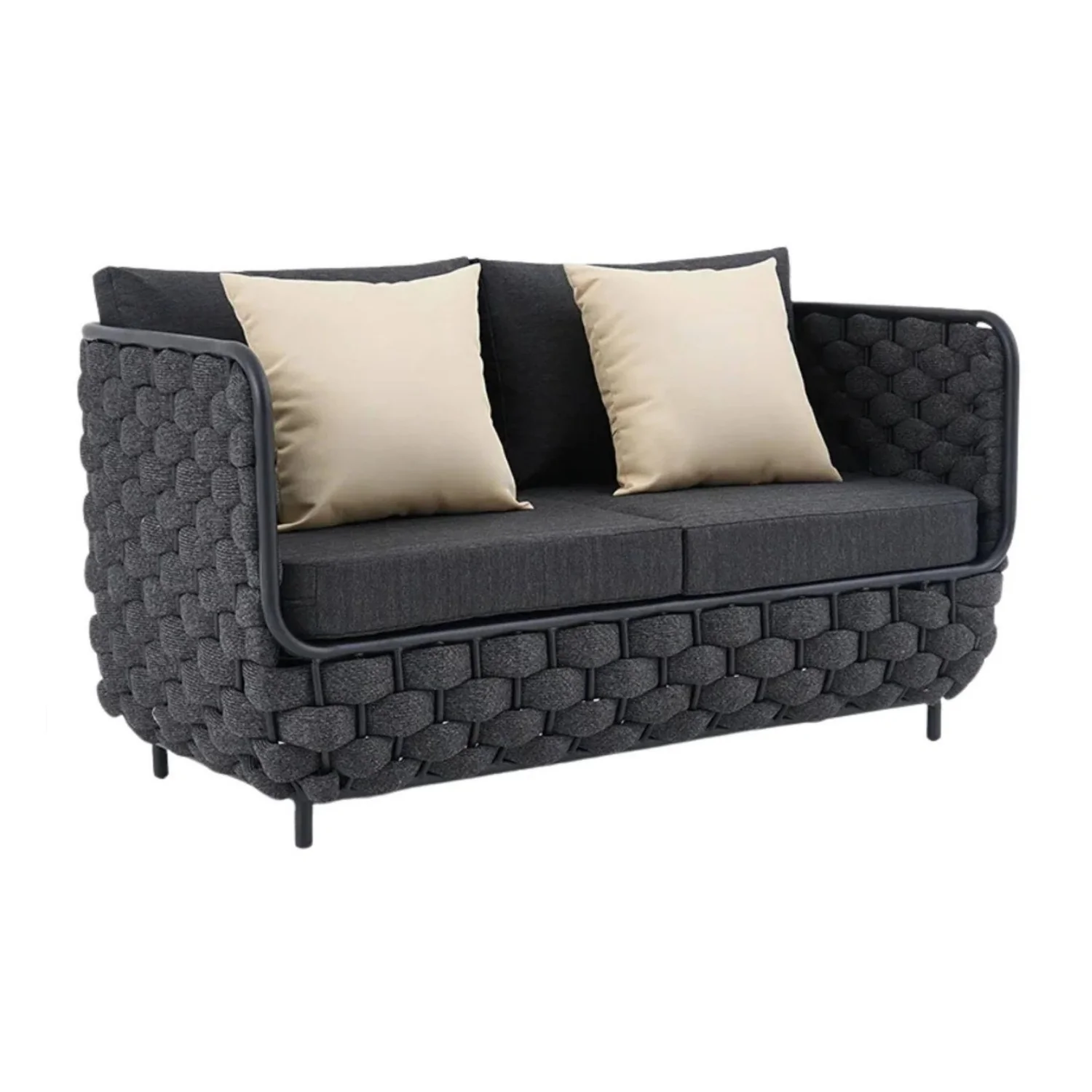 4 Piece Outdoor Rope Sofa Set with Glass Top Coffee Table (Black) - Image 9