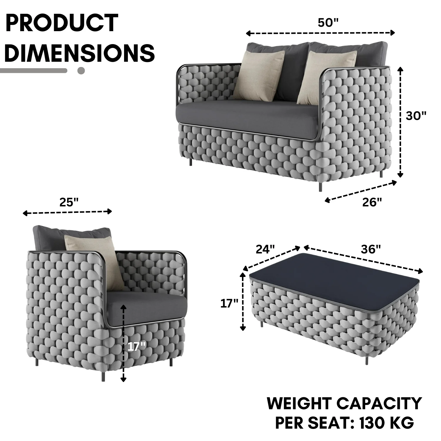 4 Piece Outdoor Rope Sofa Set with Glass Top Coffee Table (Light Grey & Dark Grey) - Image 2