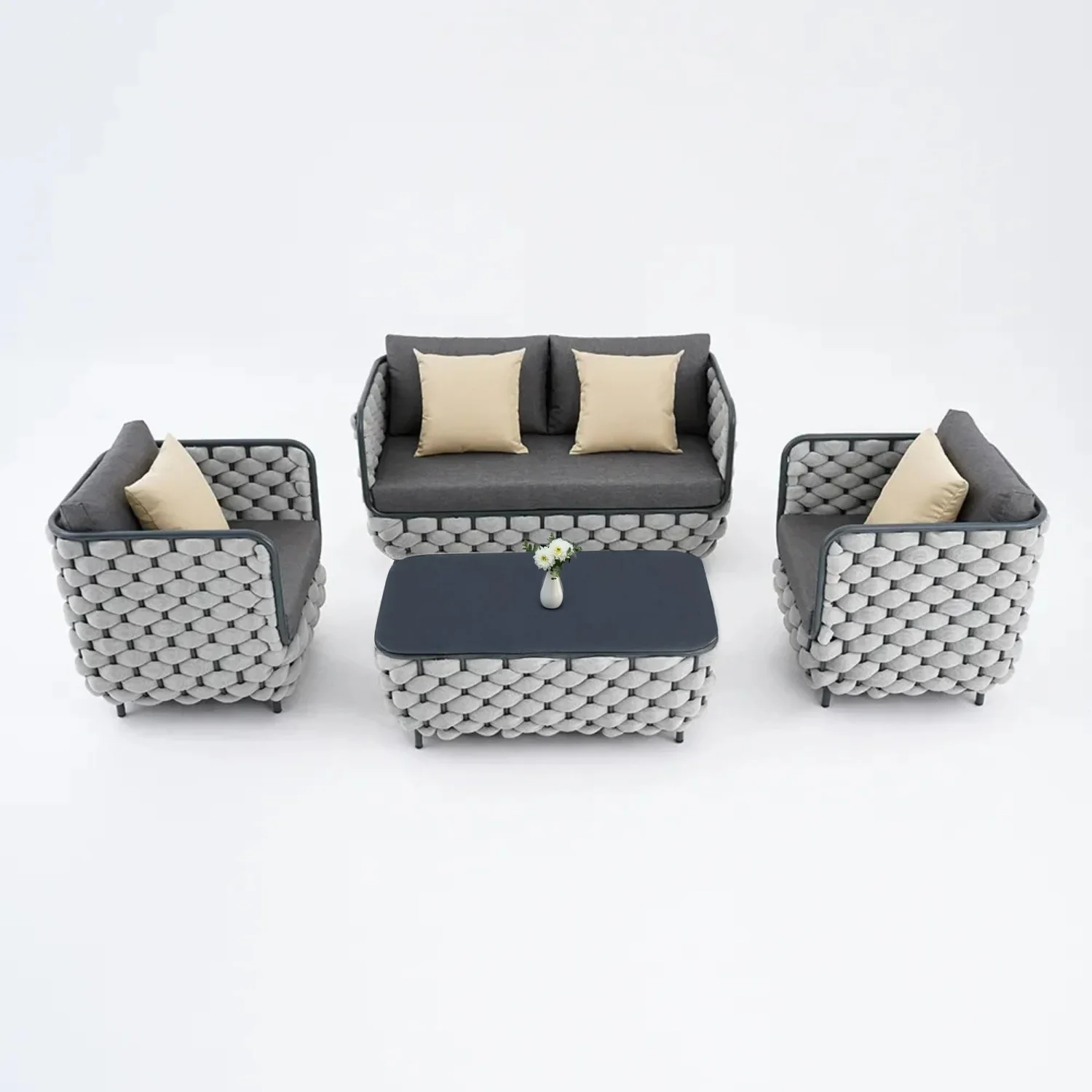 4 Piece Outdoor Rope Sofa Set with Glass Top Coffee Table (Light Grey & Dark Grey) - Image 5