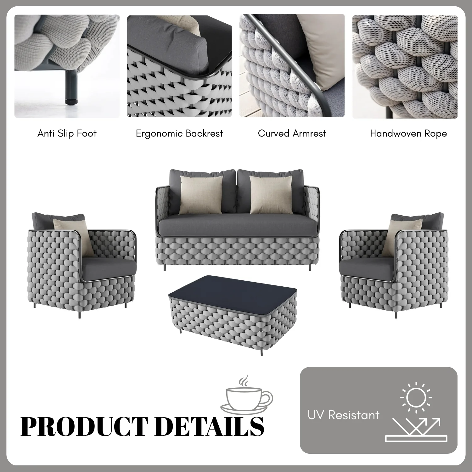 4 Piece Outdoor Rope Sofa Set with Glass Top Coffee Table (Light Grey & Dark Grey) - Image 6