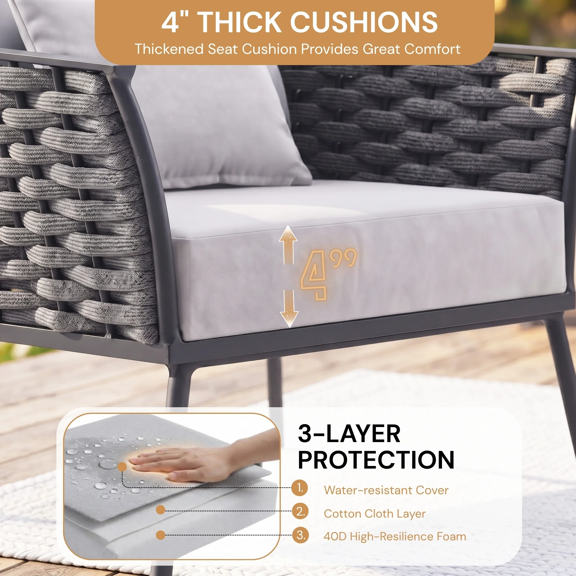 4 Piece Outdoor Rope Sofa Set with Wooden Top Table - Image 4