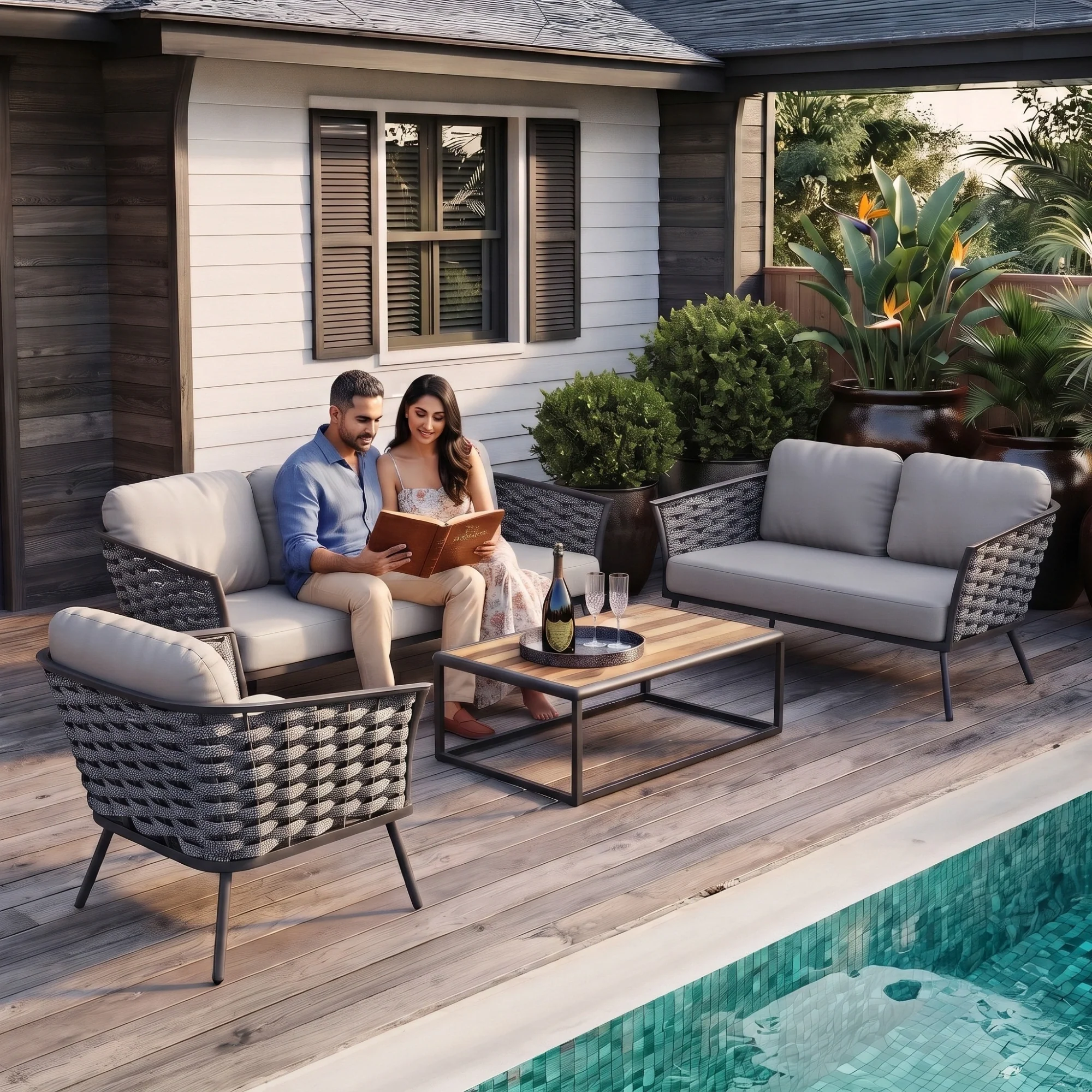 4 Piece Outdoor Rope Sofa Set with Wooden Top Table - Image 8