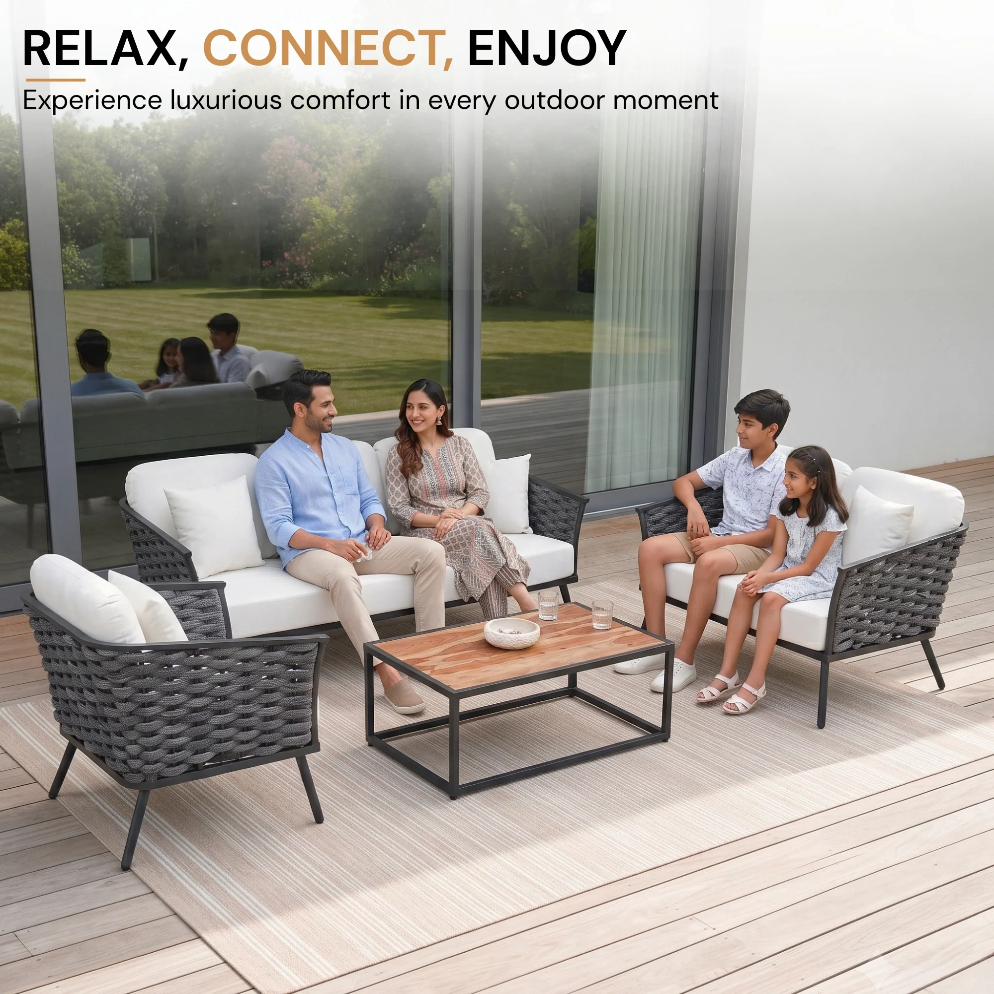 4 Piece Outdoor Rope Sofa Set with Wooden Top Table - Image 7