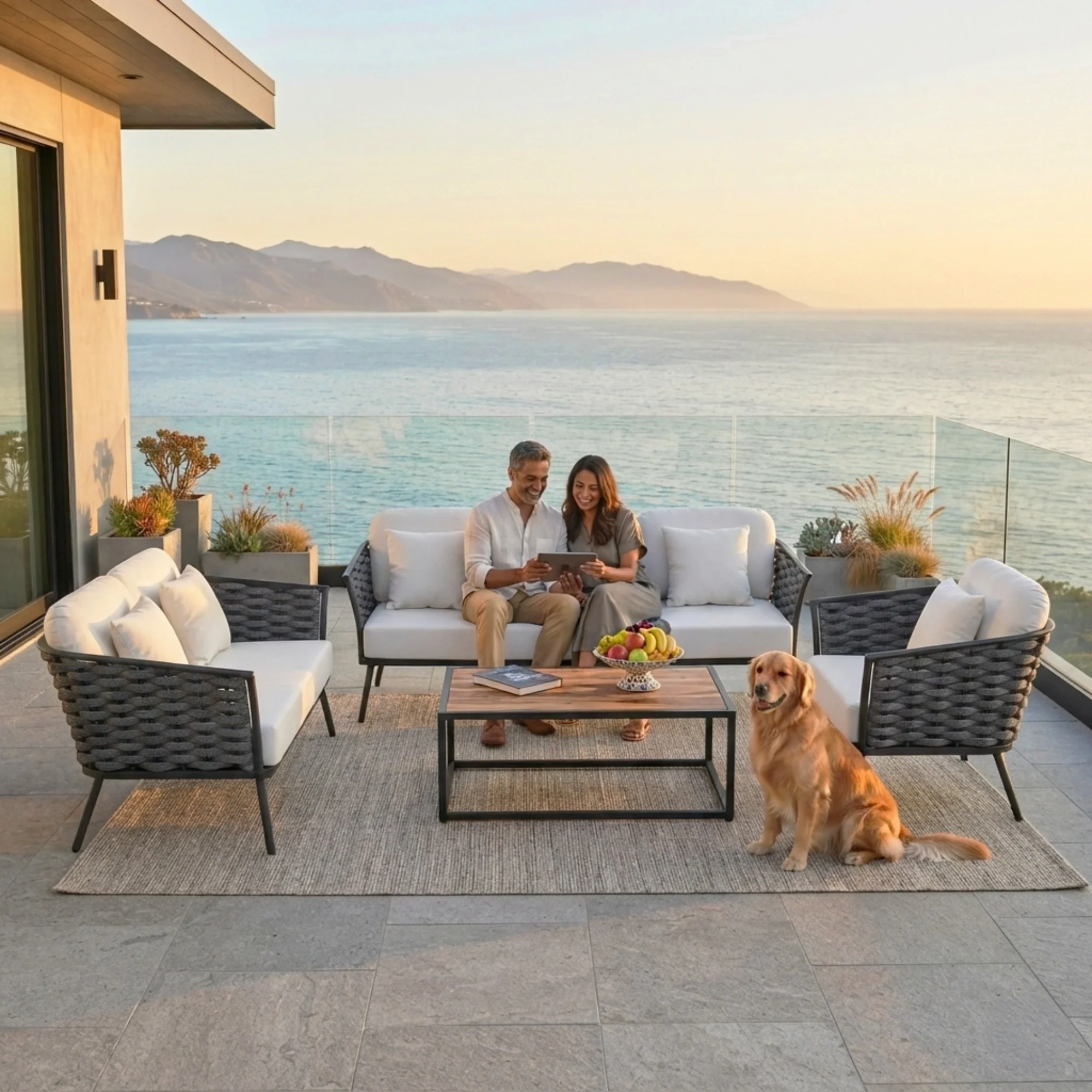 4 Piece Outdoor Rope Sofa Set with Wooden Top Table - Image 8