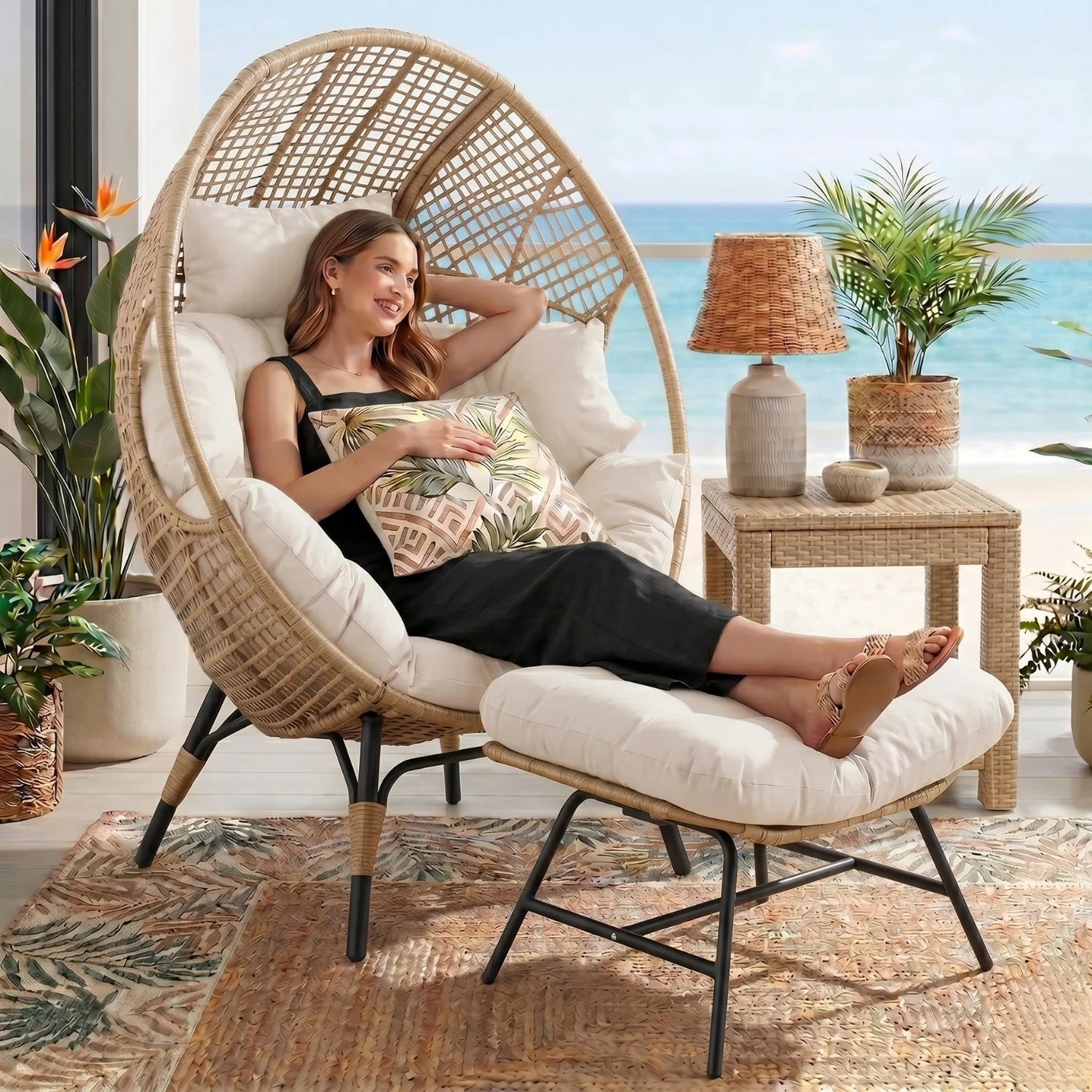 4-Piece Outdoor Wicker Egg Chair Set with Ottomans (Beige & Off-White) - Image 10