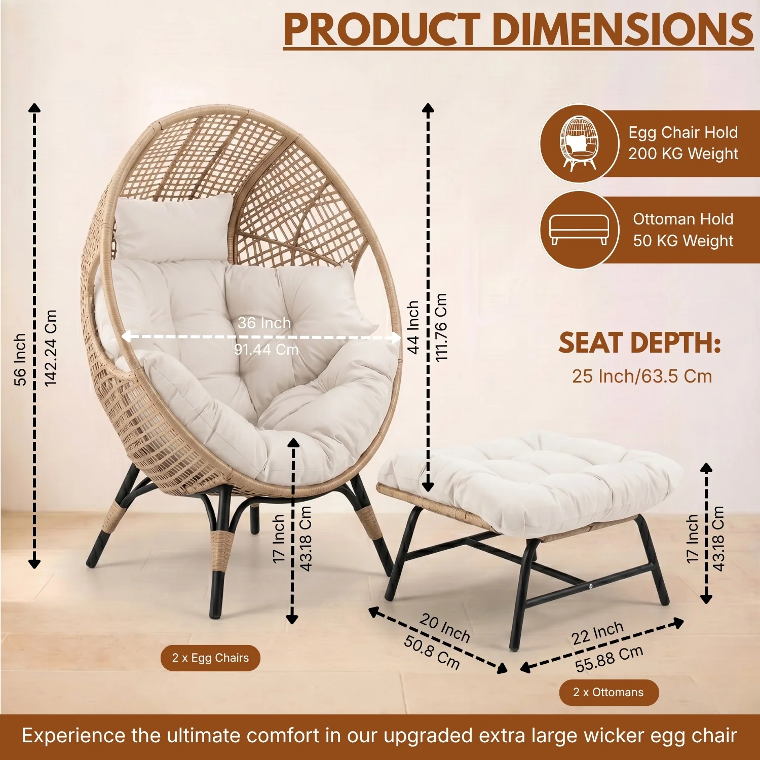 4-Piece Outdoor Wicker Egg Chair Set with Ottomans (Beige & Off-White) - Image 2