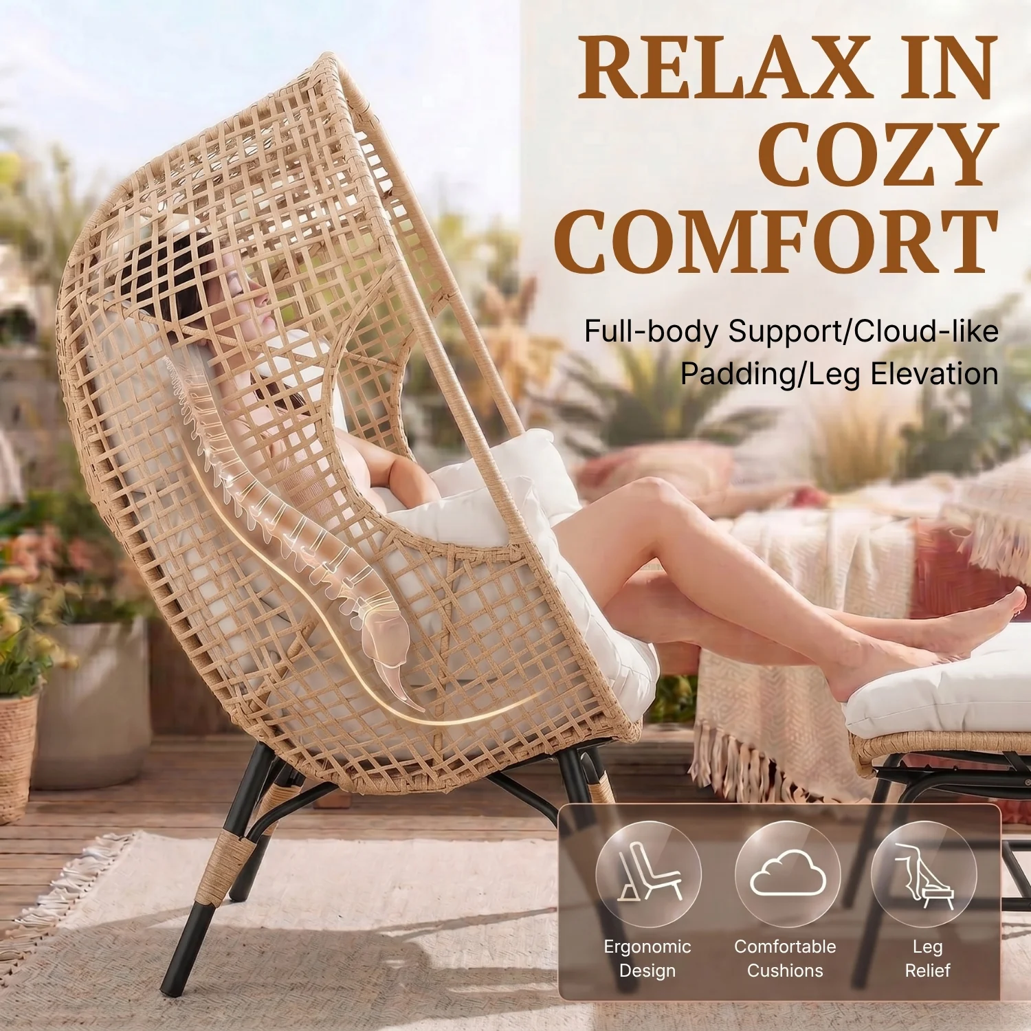 4-Piece Outdoor Wicker Egg Chair Set with Ottomans (Beige & Off-White) - Image 4