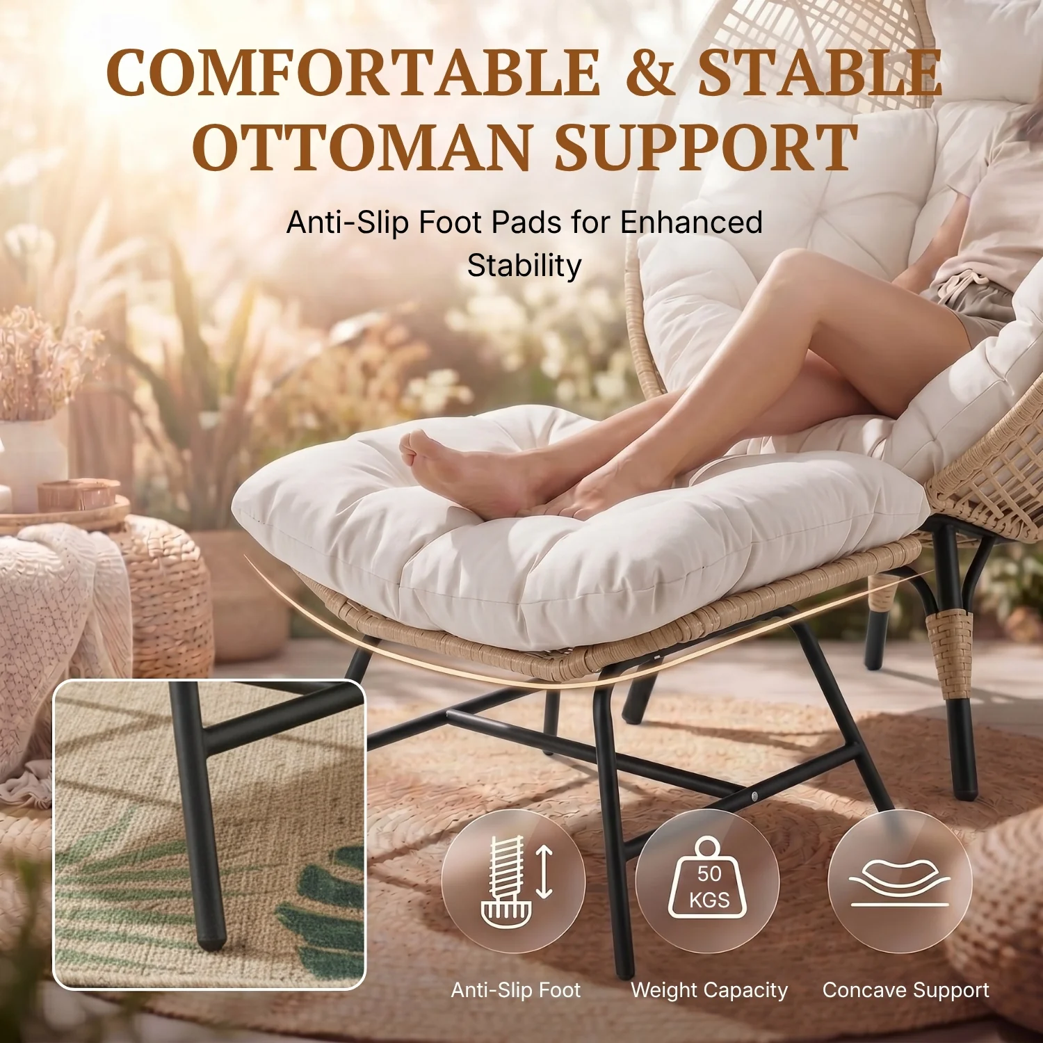 4-Piece Outdoor Wicker Egg Chair Set with Ottomans (Beige & Off-White) - Image 6